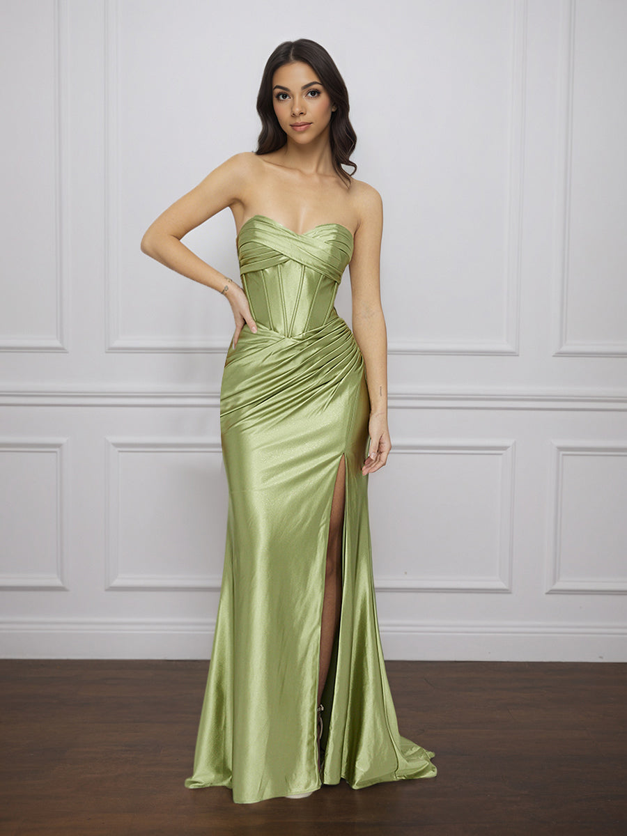 Cicinia Sauge Poussiéreux Robe de Soirée Longue en Satin Doux Fourreau sans Bretelles Dos Nud