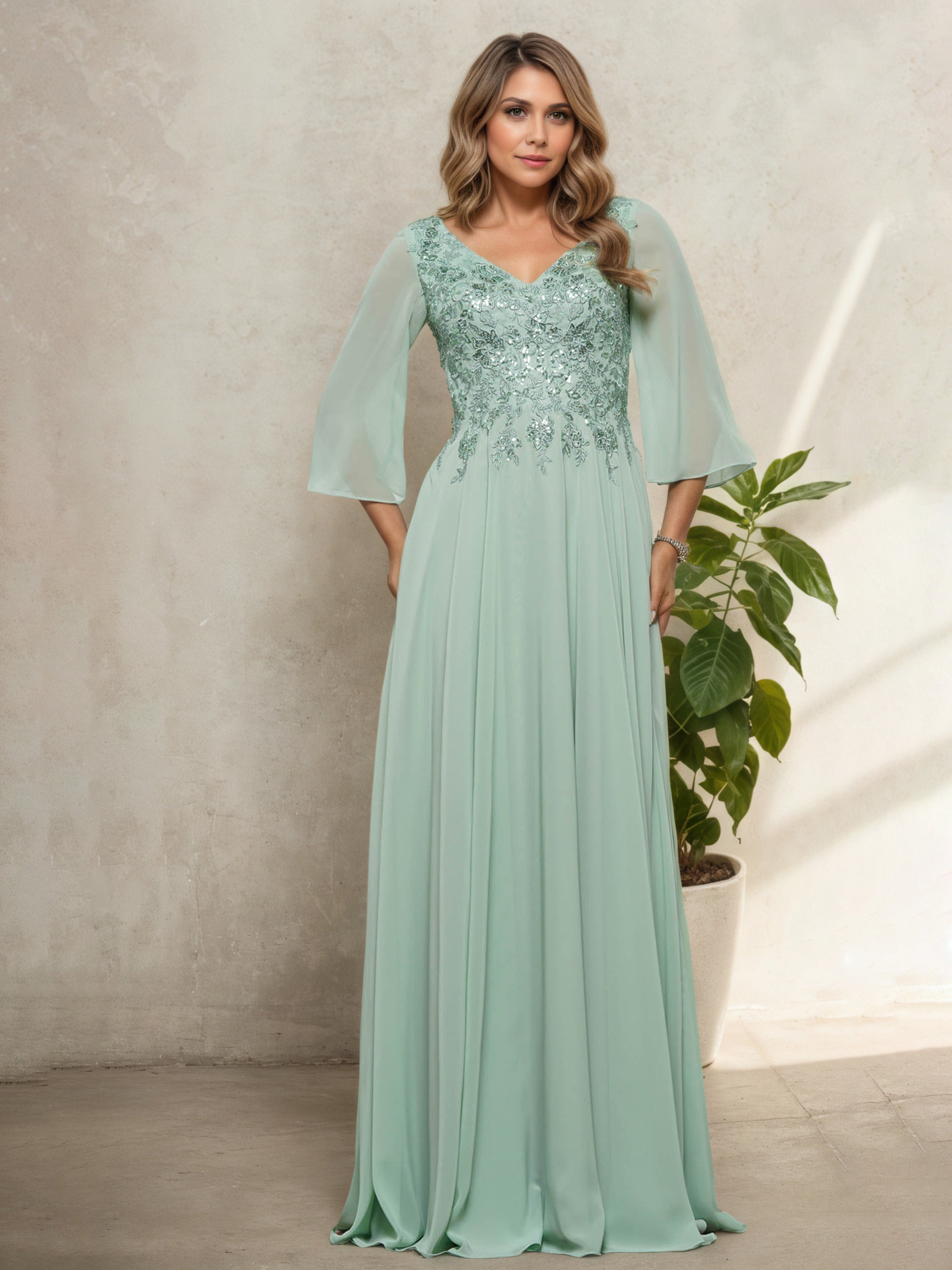 Robe VERT_MENTHE  Pour Mère de la Mariée à Encolure V et Manches 3/4 avec Appliques