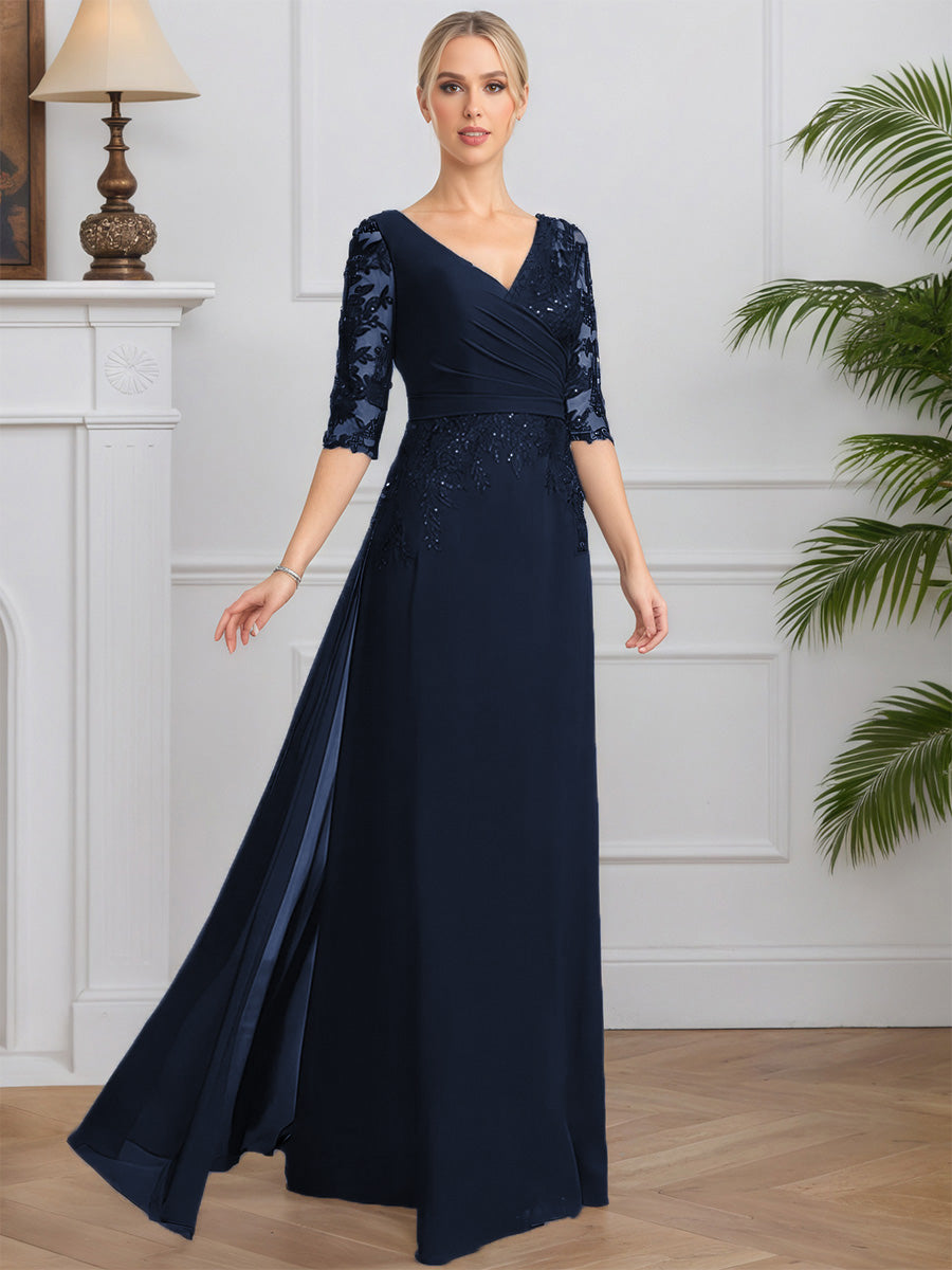 Cicinia Bleu Marine Robe pour Mère de la Mariée Longue en Mousseline et Dentelle A-Line Décolleté en V Manches Demi-longues
