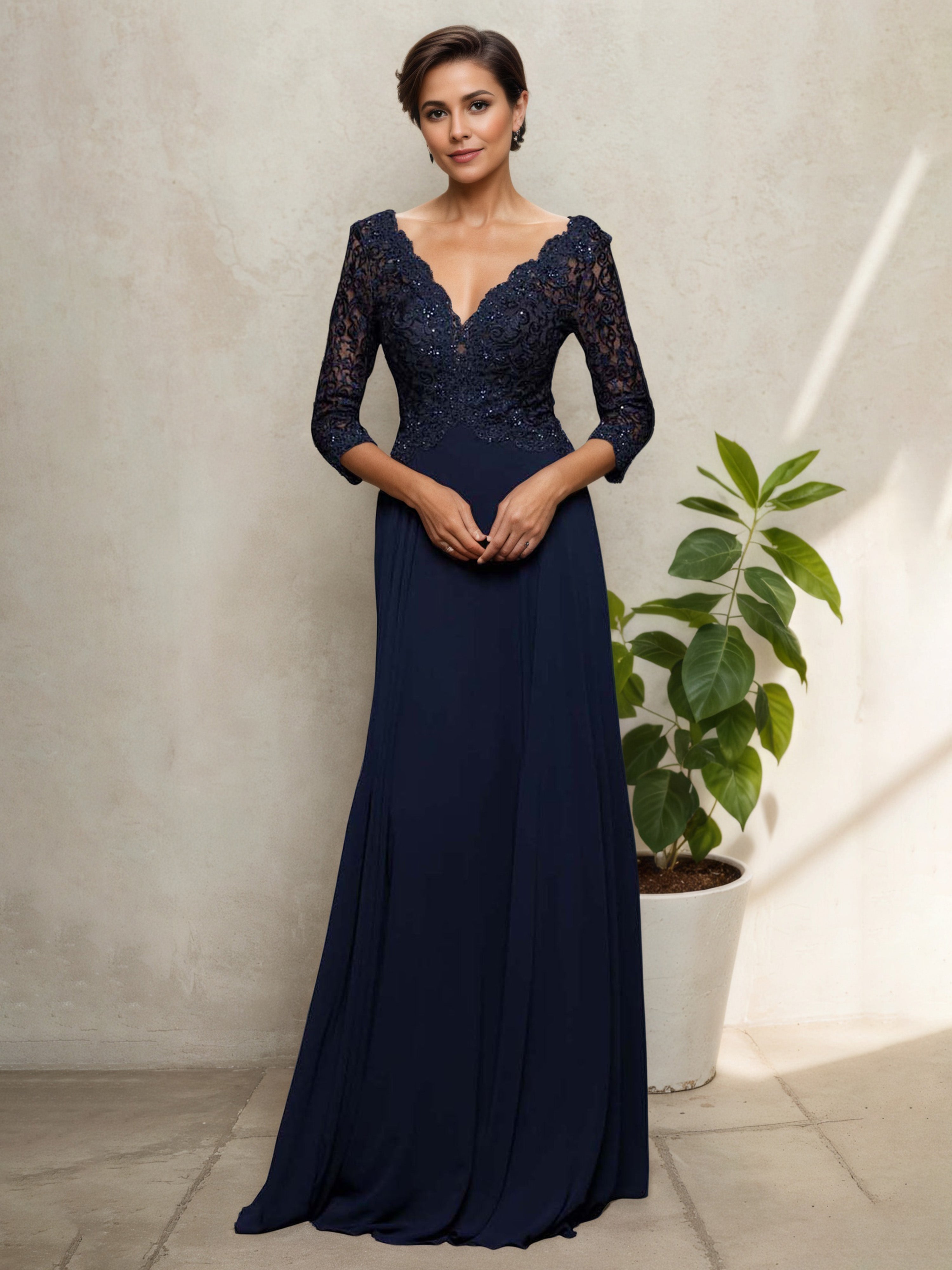 Robe Mère de la Mariée BLEU_MARINE Corsage en Dentelle à Décolleté en V avec Manches 3/4