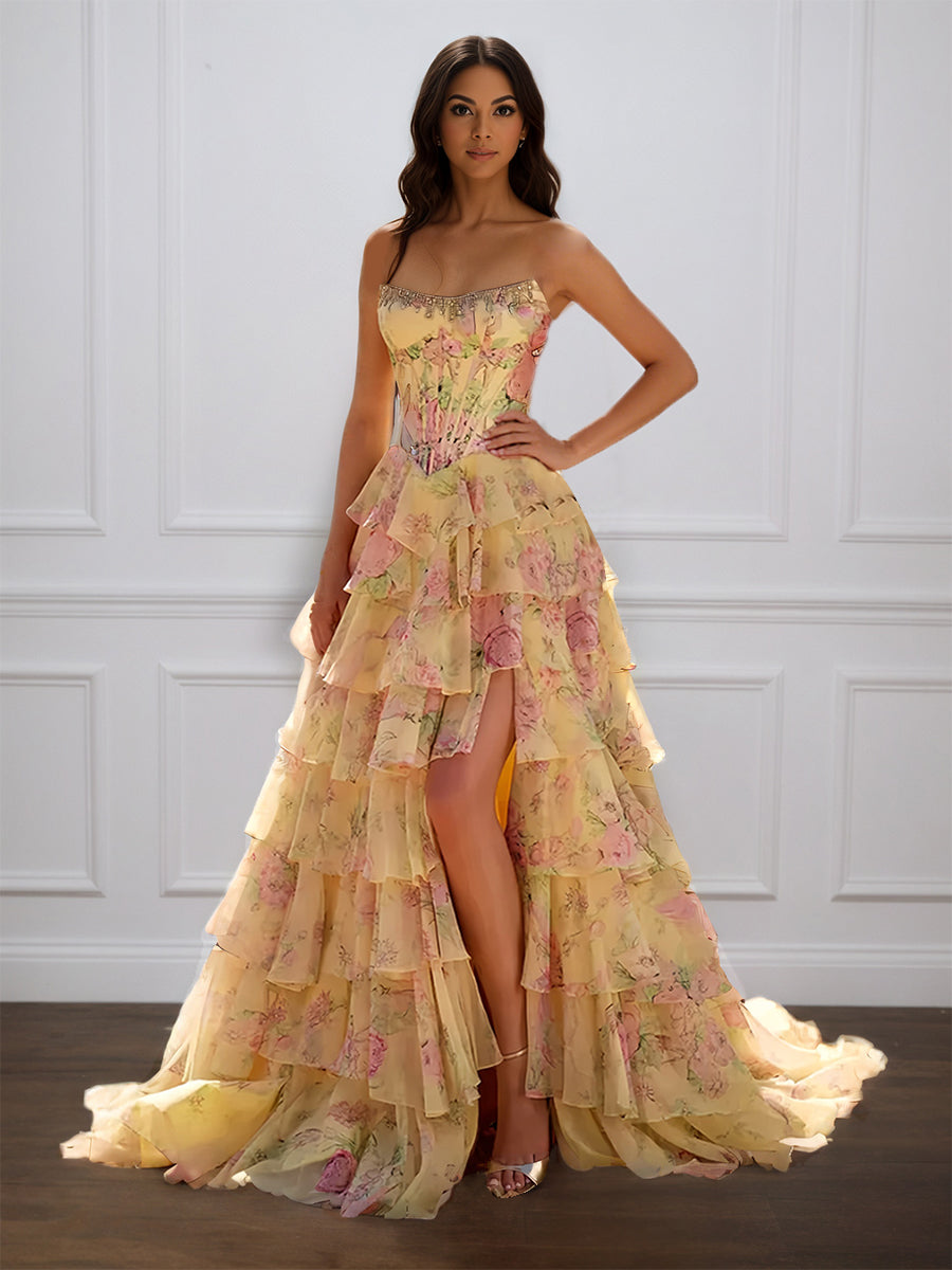 Cicinia Jaune Robe de Soirée Longue en Tissu Imprimé A-Line sans Manches Fente à Volants