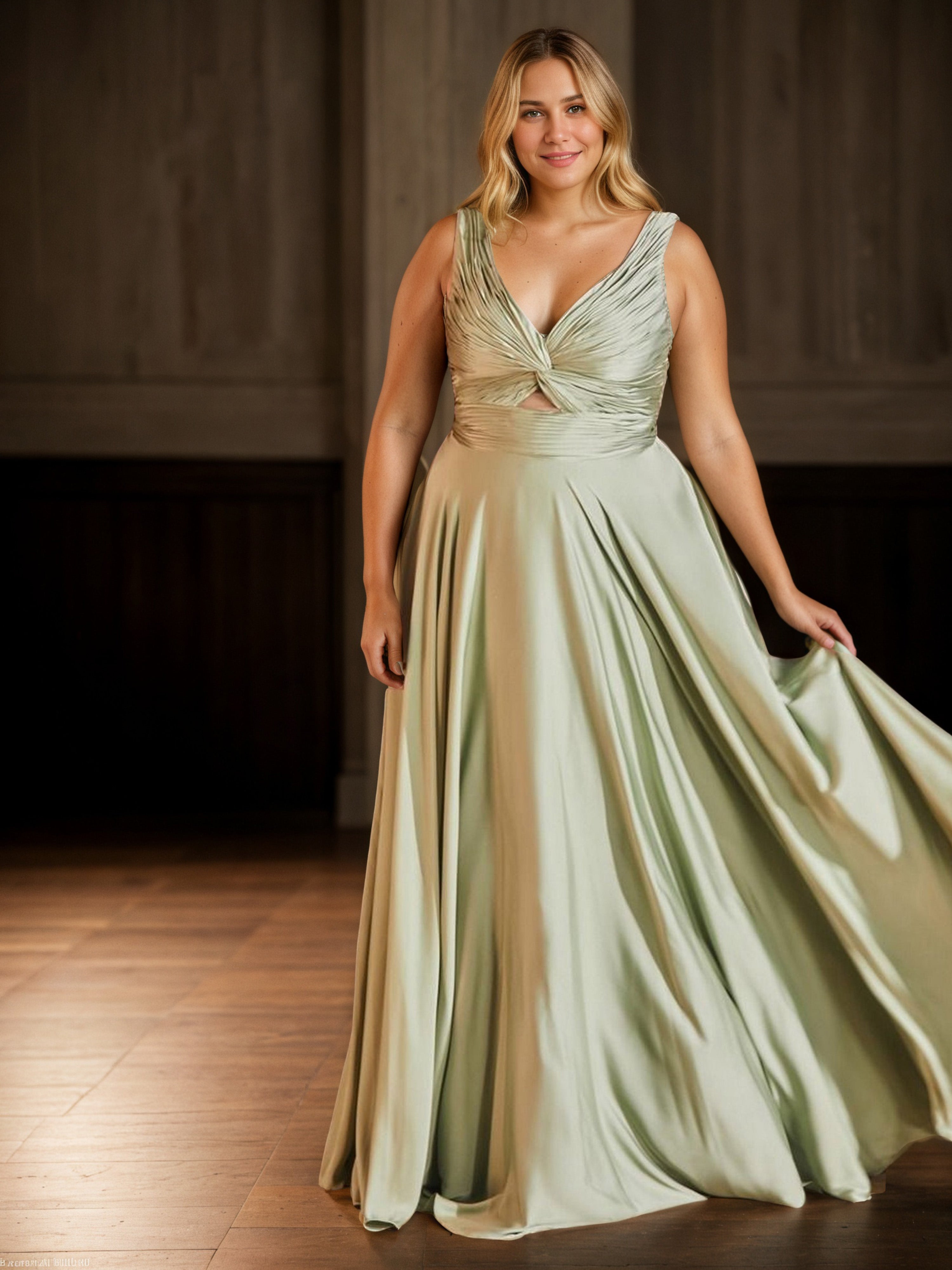 Robe de Bal SAUGE_POUDREE à Encolure V et Bretelles Grande Taille Longue Sans Manches avec Plissés
