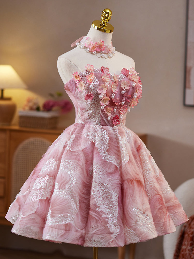 Robe de bal en Rose Florale Robe Bustier sans Manches avec Fleurs et Perles