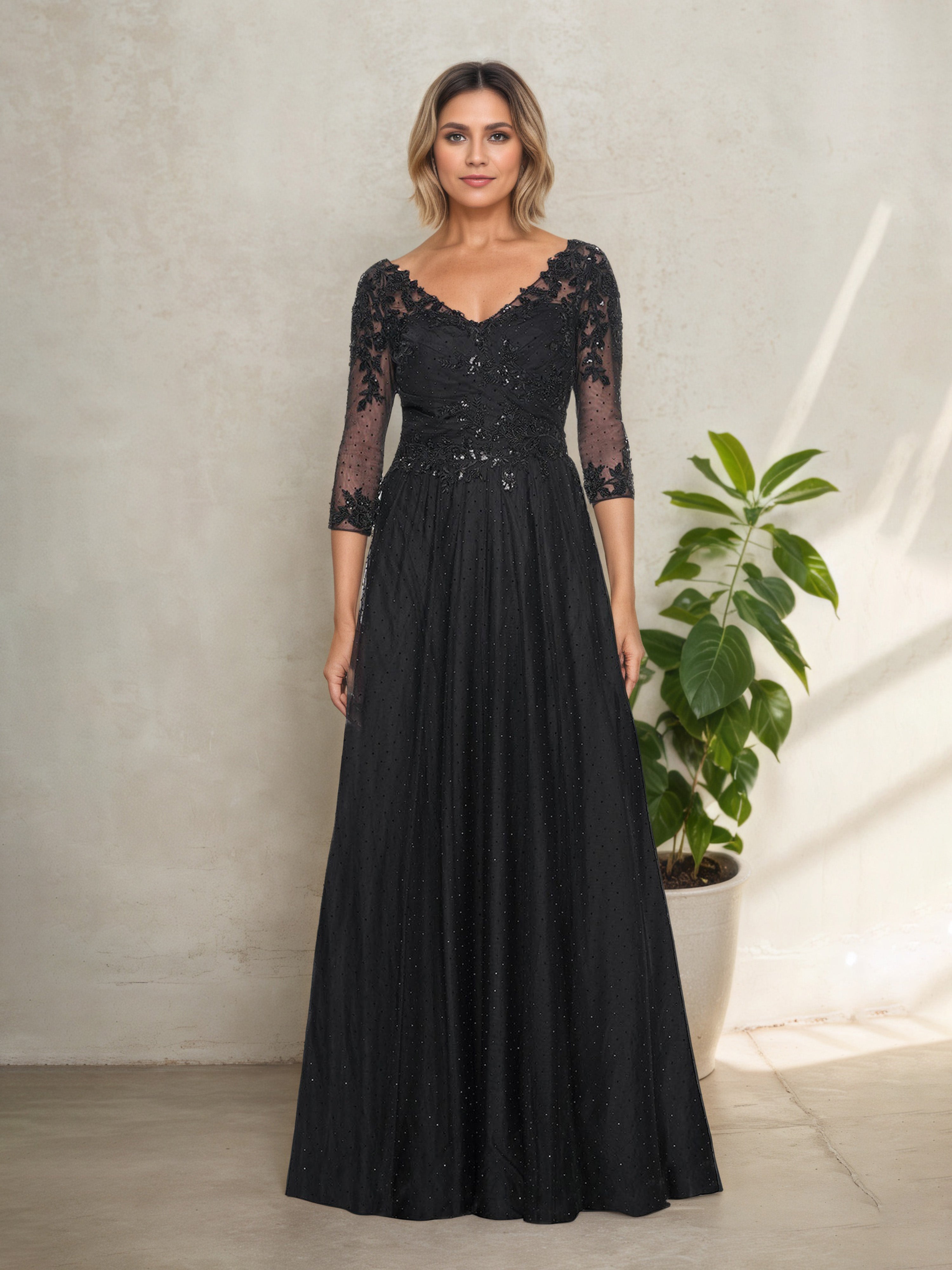 Robe Mère de la Mariée Noire Élégante  Silhouette A-Line Longue à Décolleté en V et Manches 3/4