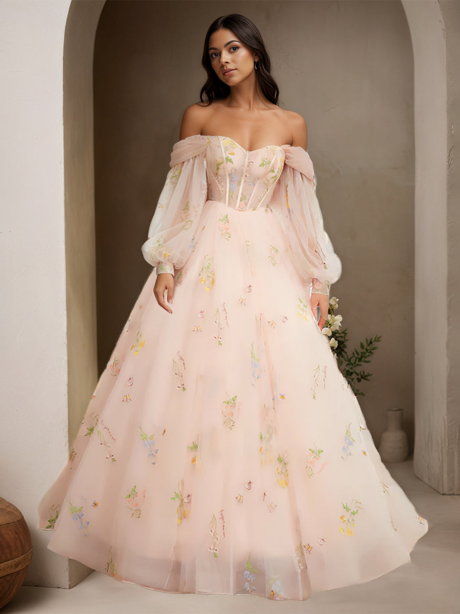 Cicinia Rose Perlé Robe de Soirée Longue en Dentelle et Tulle A-Line Décolleté Épaule Dénudée