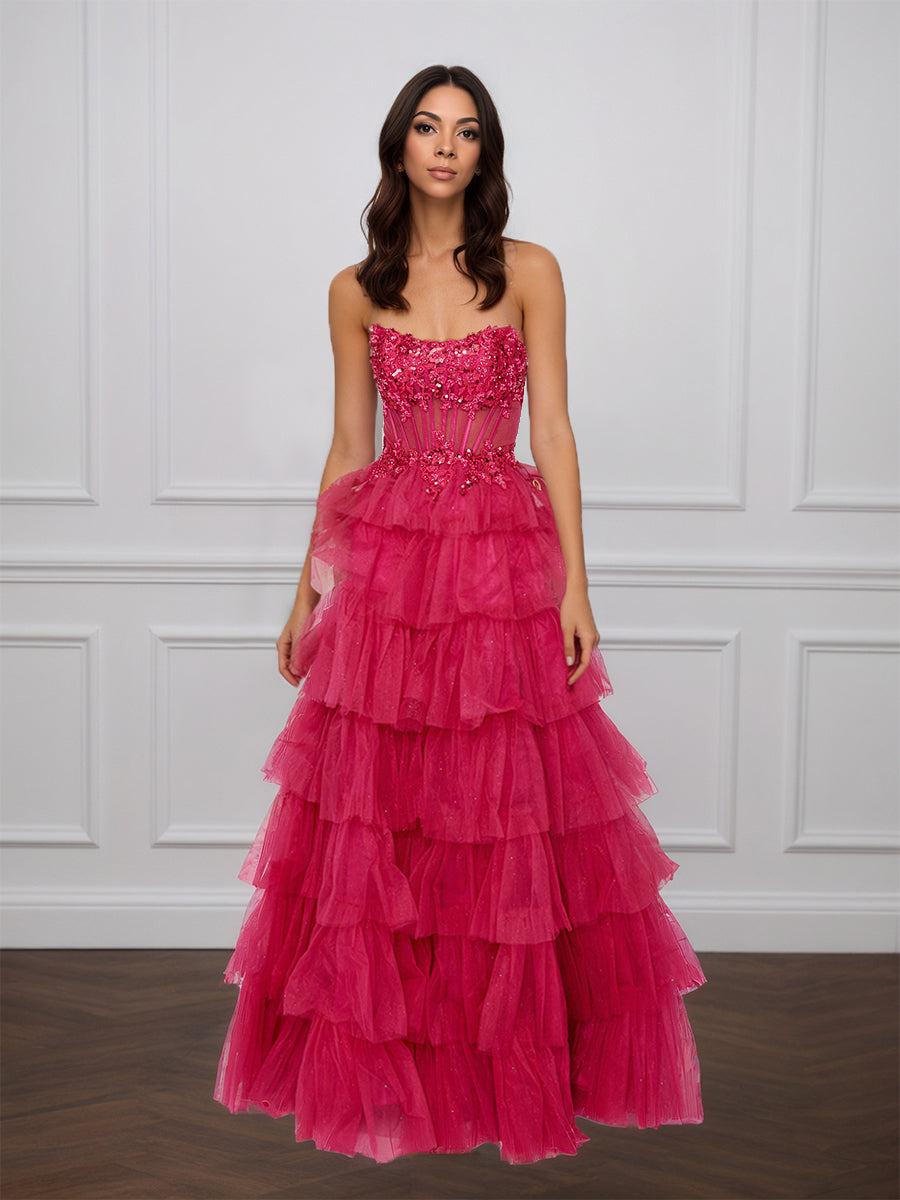 Cicinia Fuchsia Robe de Soirée Longue en Tulle A-Line sans Manches Fente à Volants