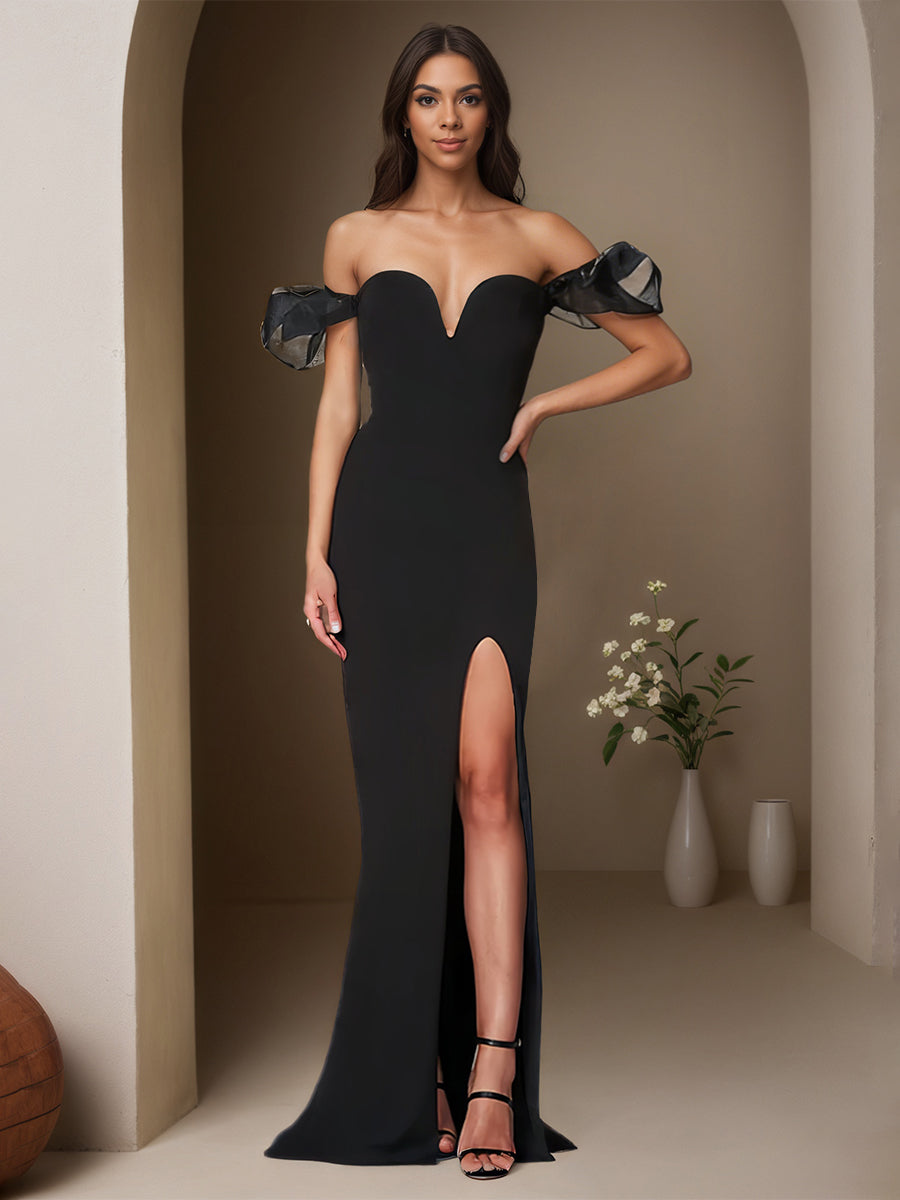 Cicinia Noir Robe de Soirée Longue en Tissu Extensible Fourreau Fente Traîne Balayée Épaules Dénudées