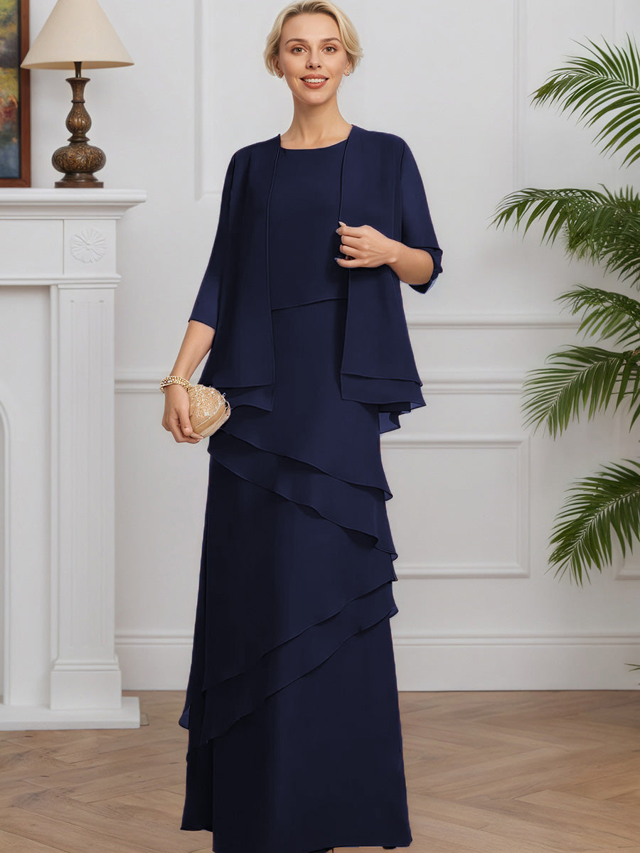 Cicinia Bleu Marine 2 Pièces Robe avec Veste pour Mère de la Mariée Longue en Chiffon A-Line Manches Trois-Quarts