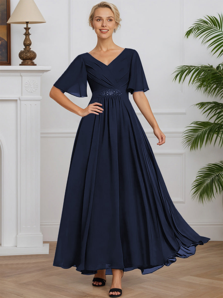 Cicinia Bleu Marine Foncé Robe pour Mère de la Mariée Longue en Mousseline A-Line Décolleté en V Manches Demi-longues