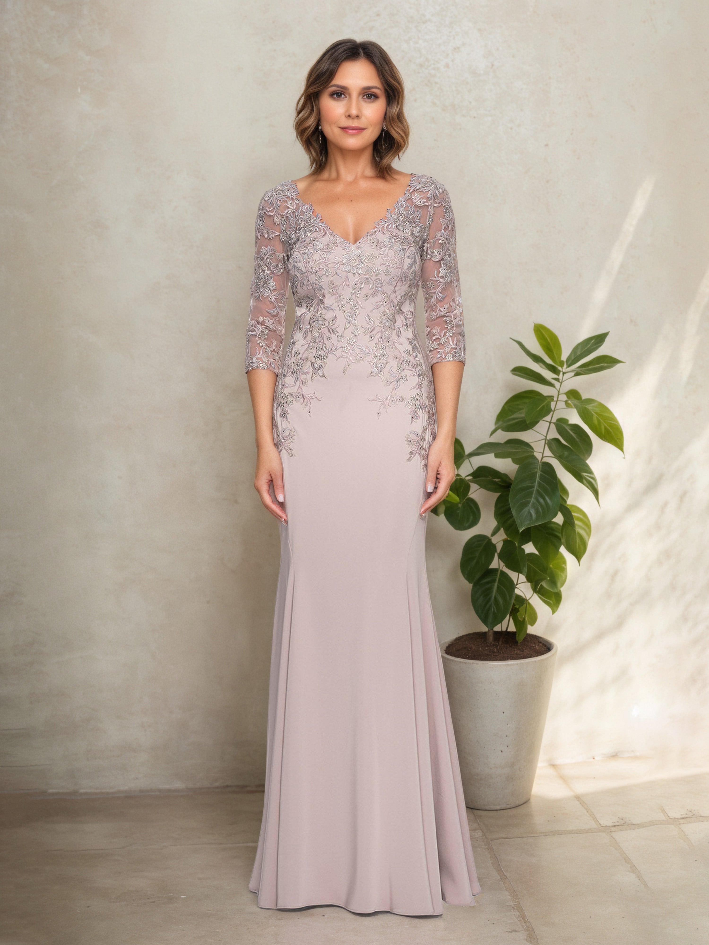 Robe Mère de la Mariée CREPUSCULE Col V Silhouette Sheath à Manches 3/4