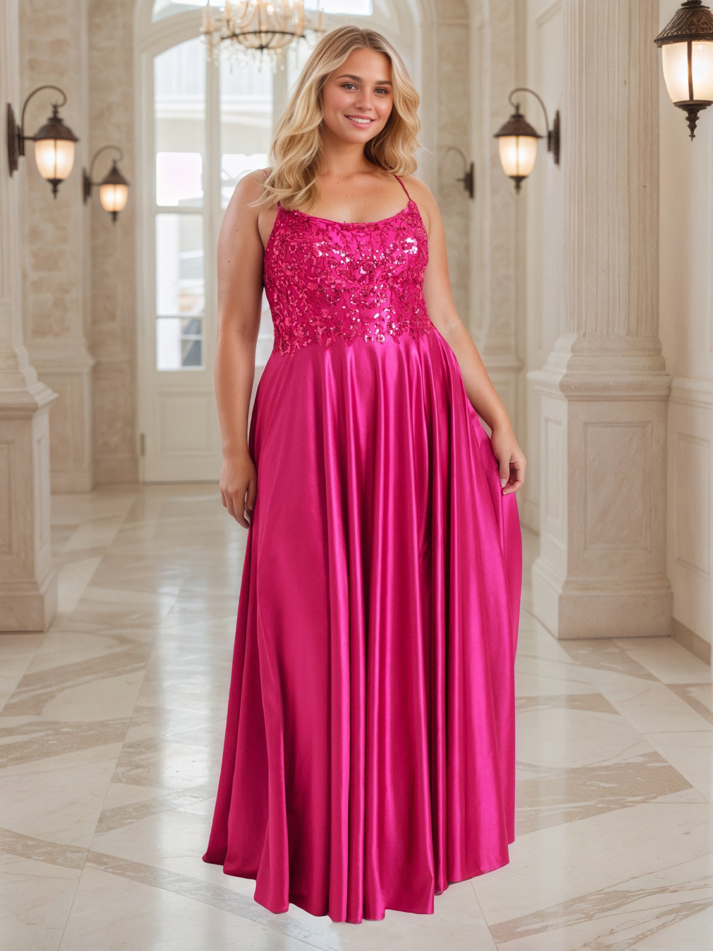 Robe de Bal Fuchsia à Bretelles Spaghetti Grande Taille Longue