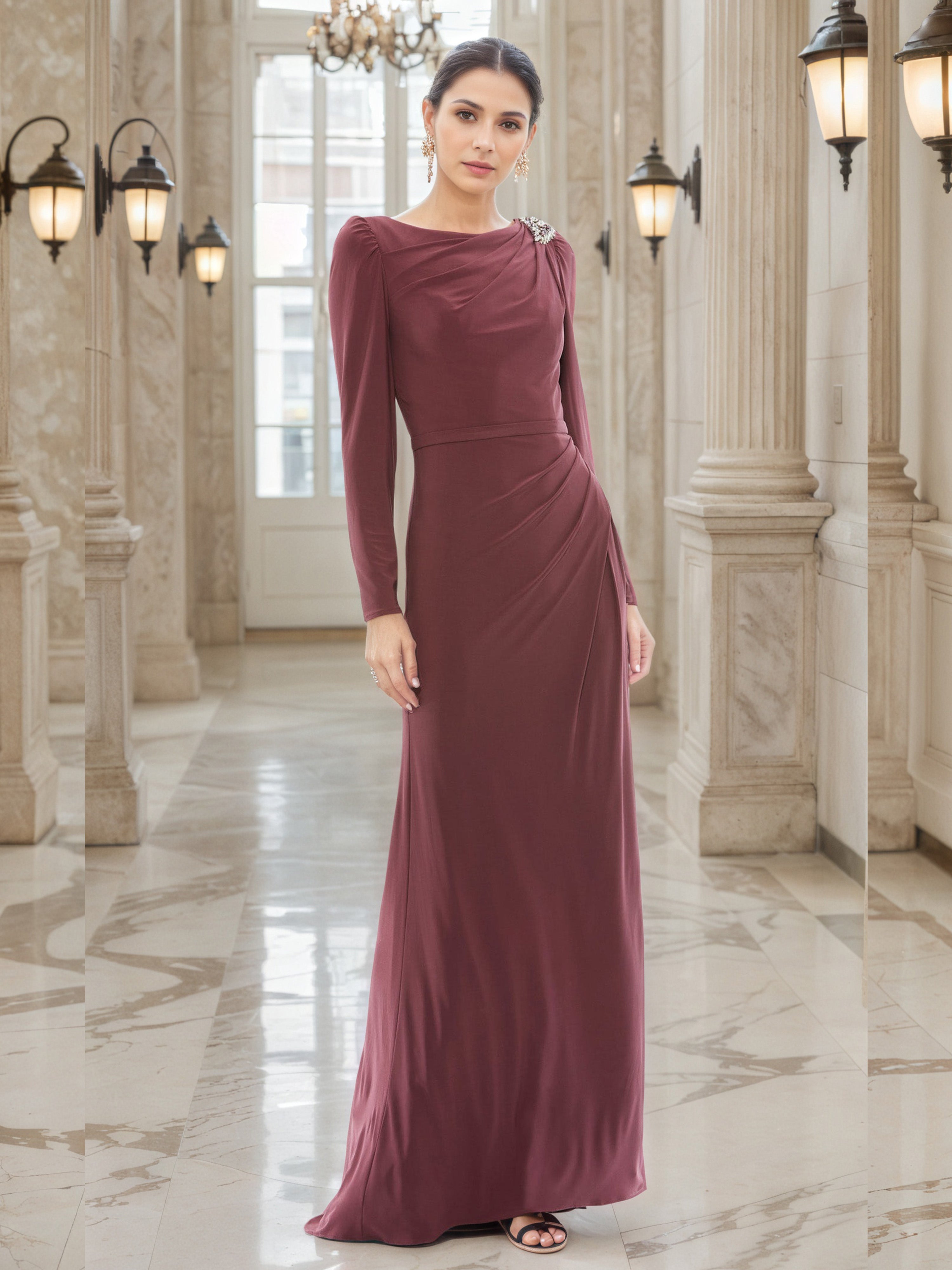 Robe de Soirée ROSE_CANNELLE Col ras du cou Fourreau/Colonne à Manches Longues