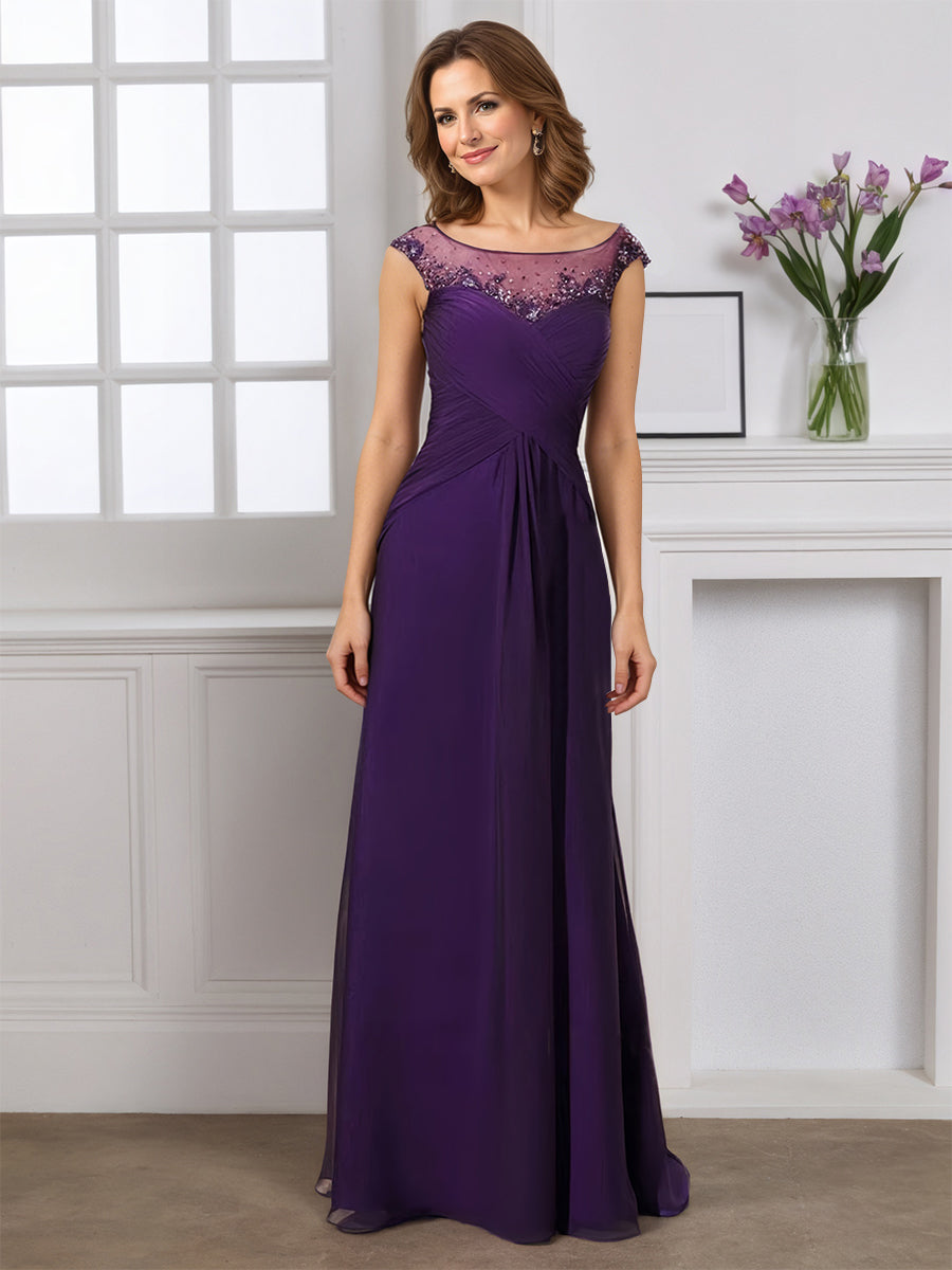 Cicinia Raisin Robe pour Mère de la Mariée Longue Fourreau en Mousseline Perlé à Plis