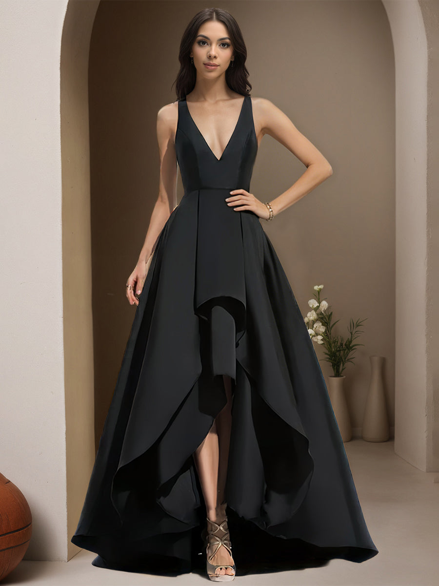 Cicinia Noir Robe de Soirée Longue en Satin A-Line Longueur Sol Ourlet Inégal Décolleté en V Plongeant