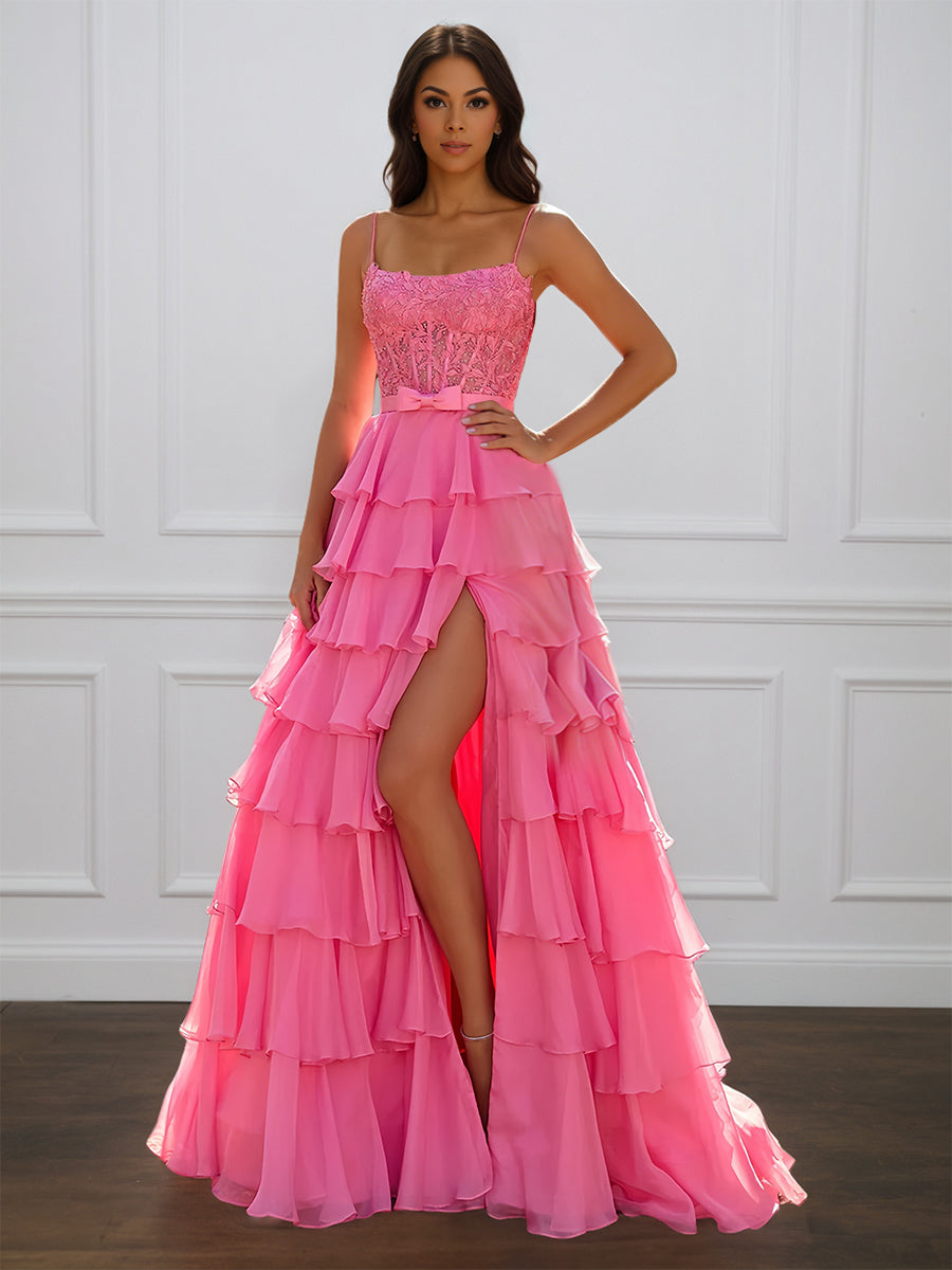 Cicinia Azalée Robe de Soirée Longue en Mousseline Appliqués Dentelle A-Line Bretelles Spaghetti Fente à Volants