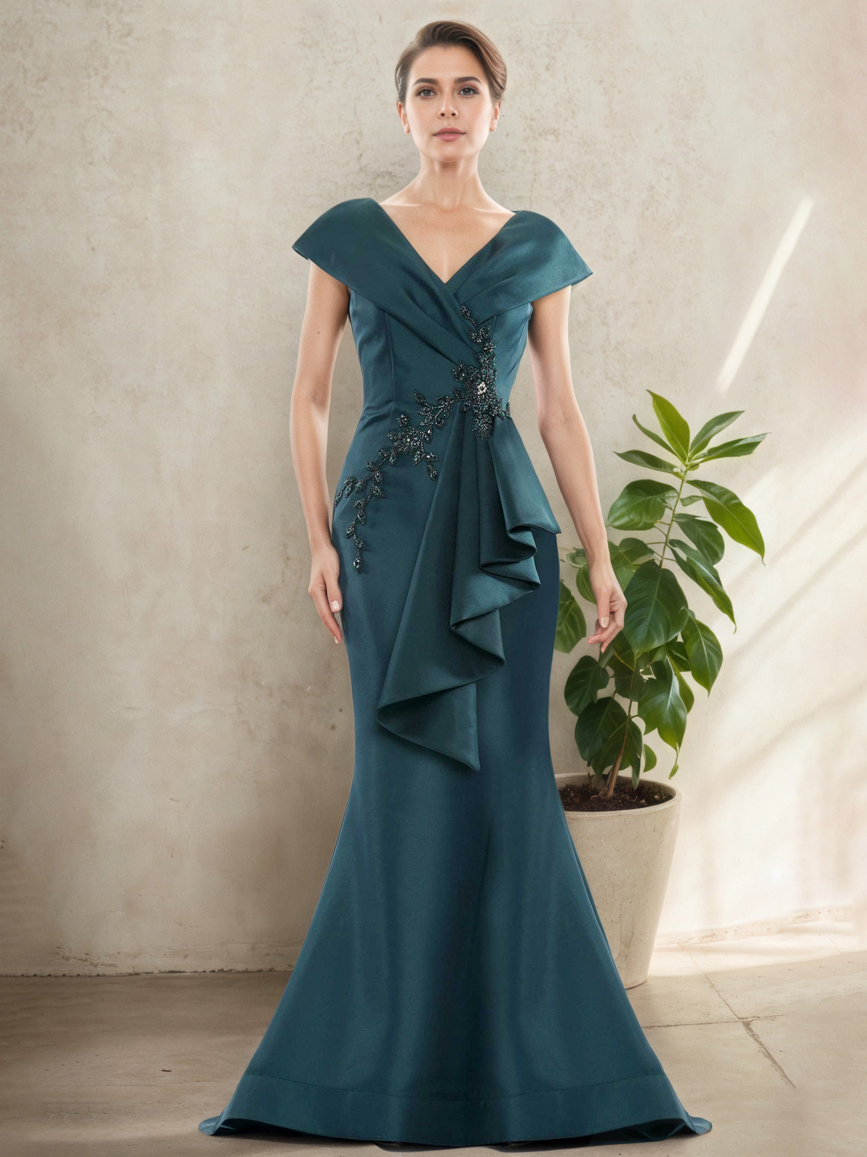 Robe Mère de la Mariée BLEU_ENCRE à Décolleté en V Manches Ballon avec Volant Latéral