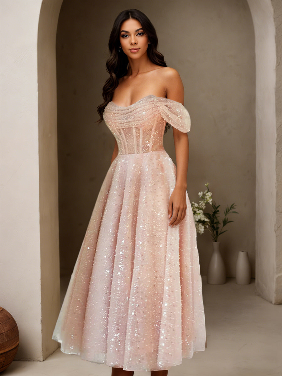 Cicinia Rose Perlé Robe de Soirée Longue à Paillettes A-Line Épaules Dénudées Longueur Midi (Thé)