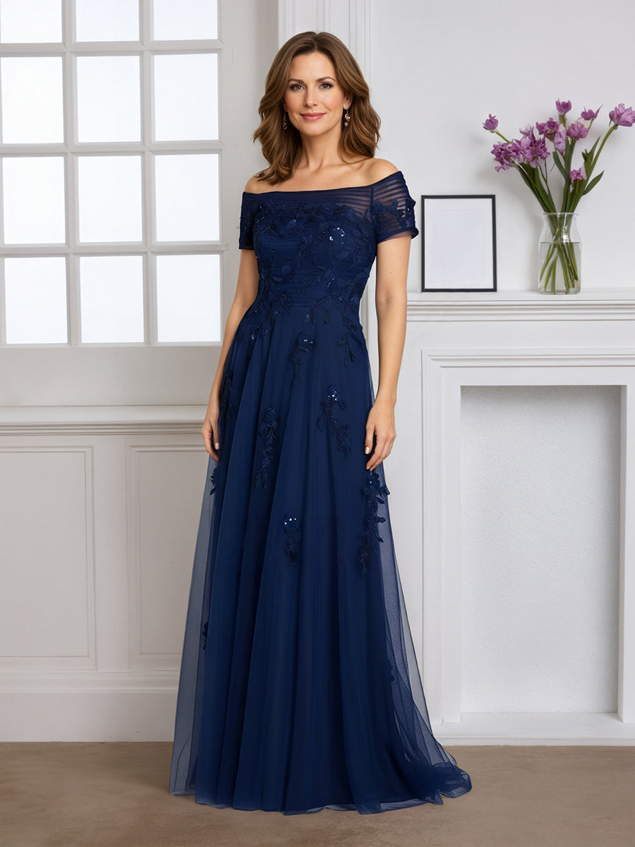 Cicinia Bleu Marine Robe pour Mère de la Mariée Longue A-Line en Tulle Épaules Dénudées Appliqués Dentelle
