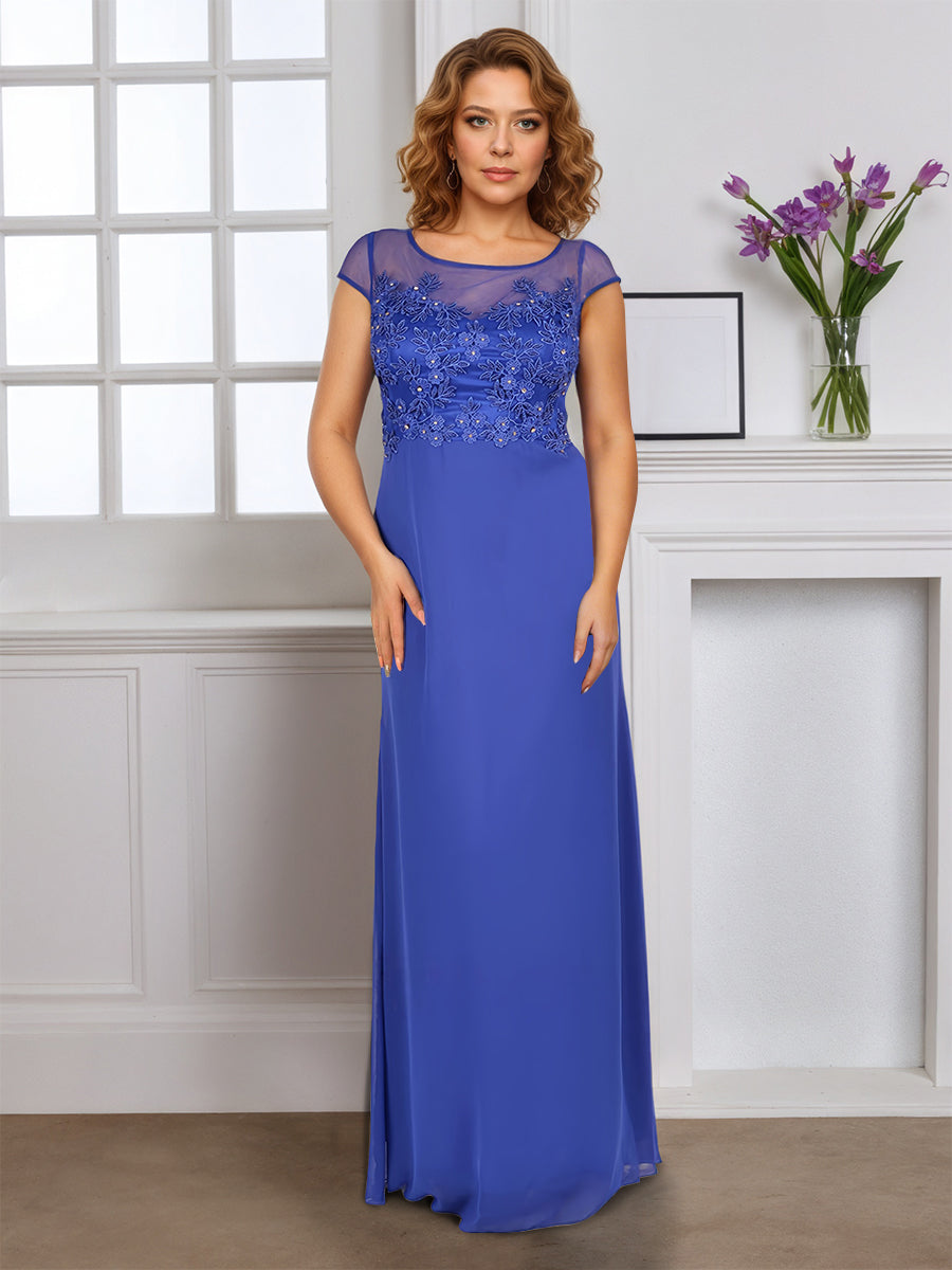 Cicinia Robe pour Mère de la Mariée Bleu Royal Longue Fourreau en Mousseline Appliqués Dentelle Perlé Manches Capelines