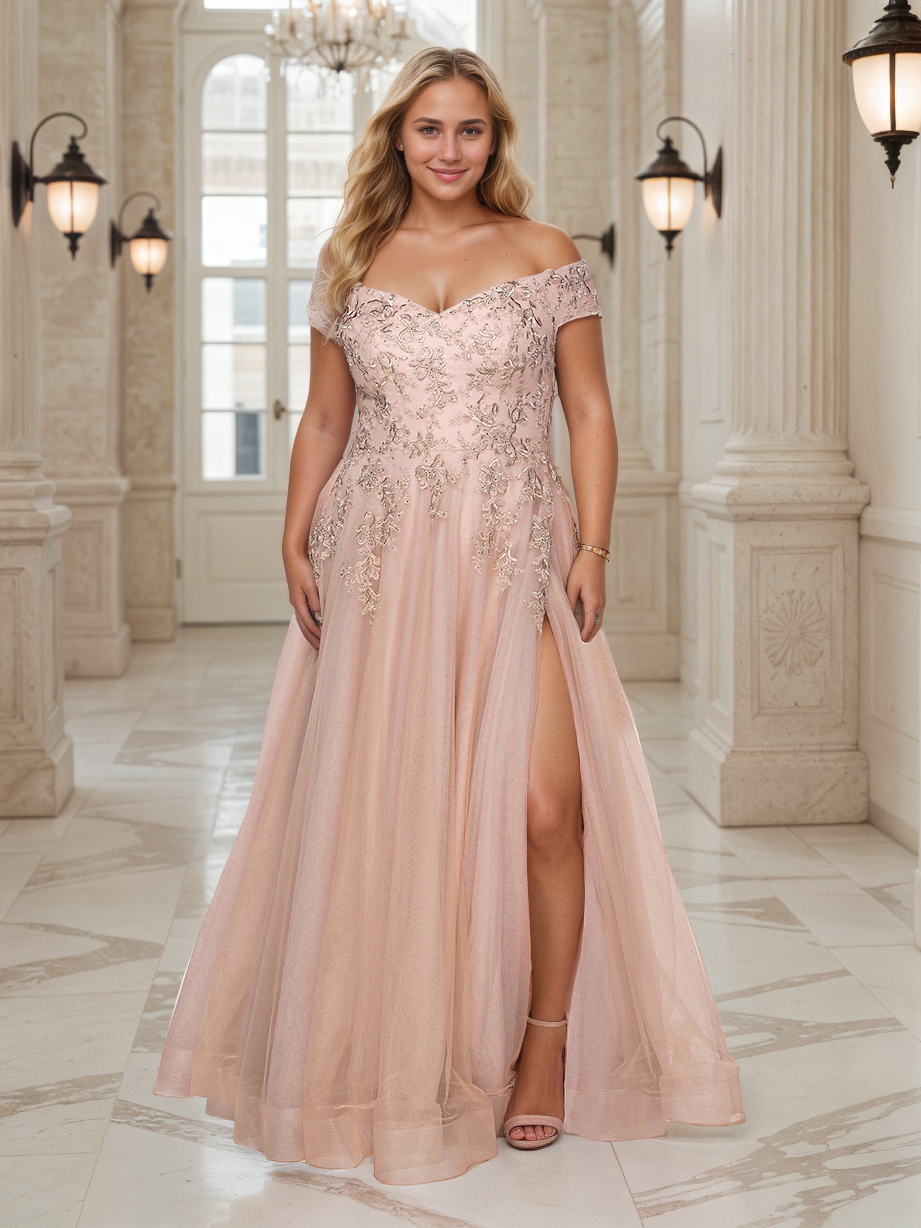 Robe De Bal CORAIL à Épaules Dénudées avec Appliqués Dentelle Grande Taille Coupe A-Line et Fente Haute