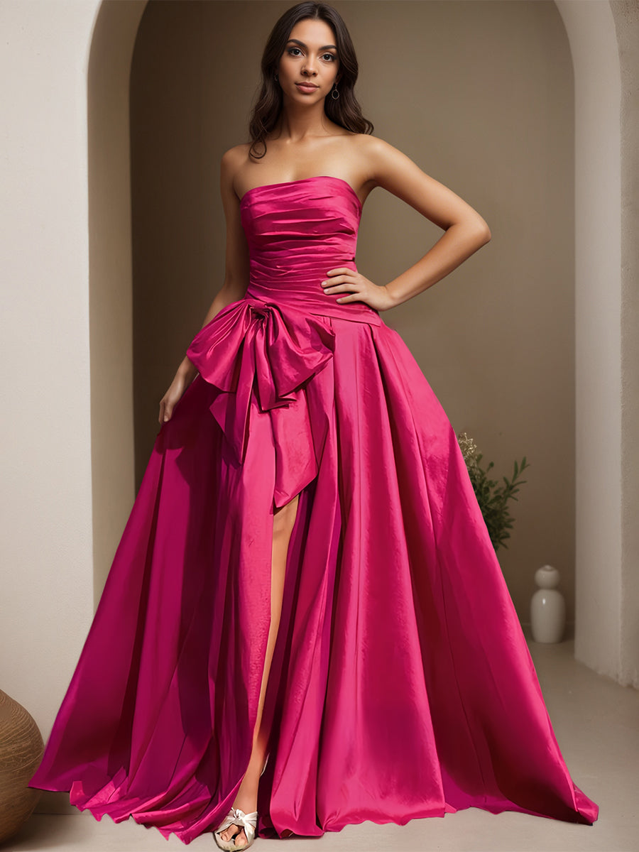 Cicinia Fuchsia Robe de Soirée Longue en Taffetas A-Line Traîne Balayée sans Bretelles