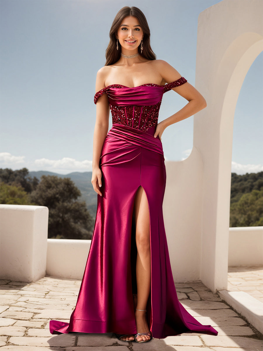 Cicinia Fuchsia Robe de Soirée Longue en Tissu Extensible Fourreau Fente Épaules Dénudées Traîne Balayée