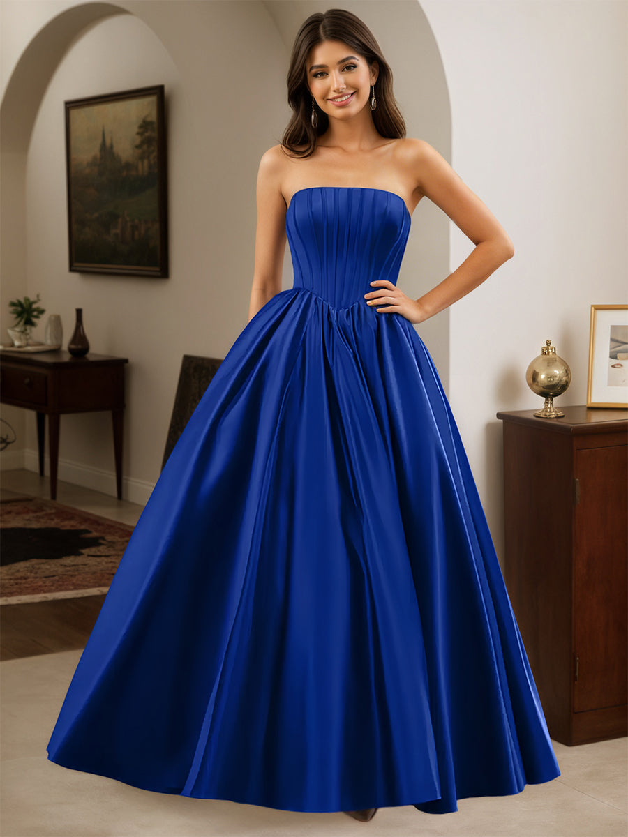Cicinia Bleu Royal Robe de Soirée Longue A-Line en Satin sans Bretelles Longueur Sol