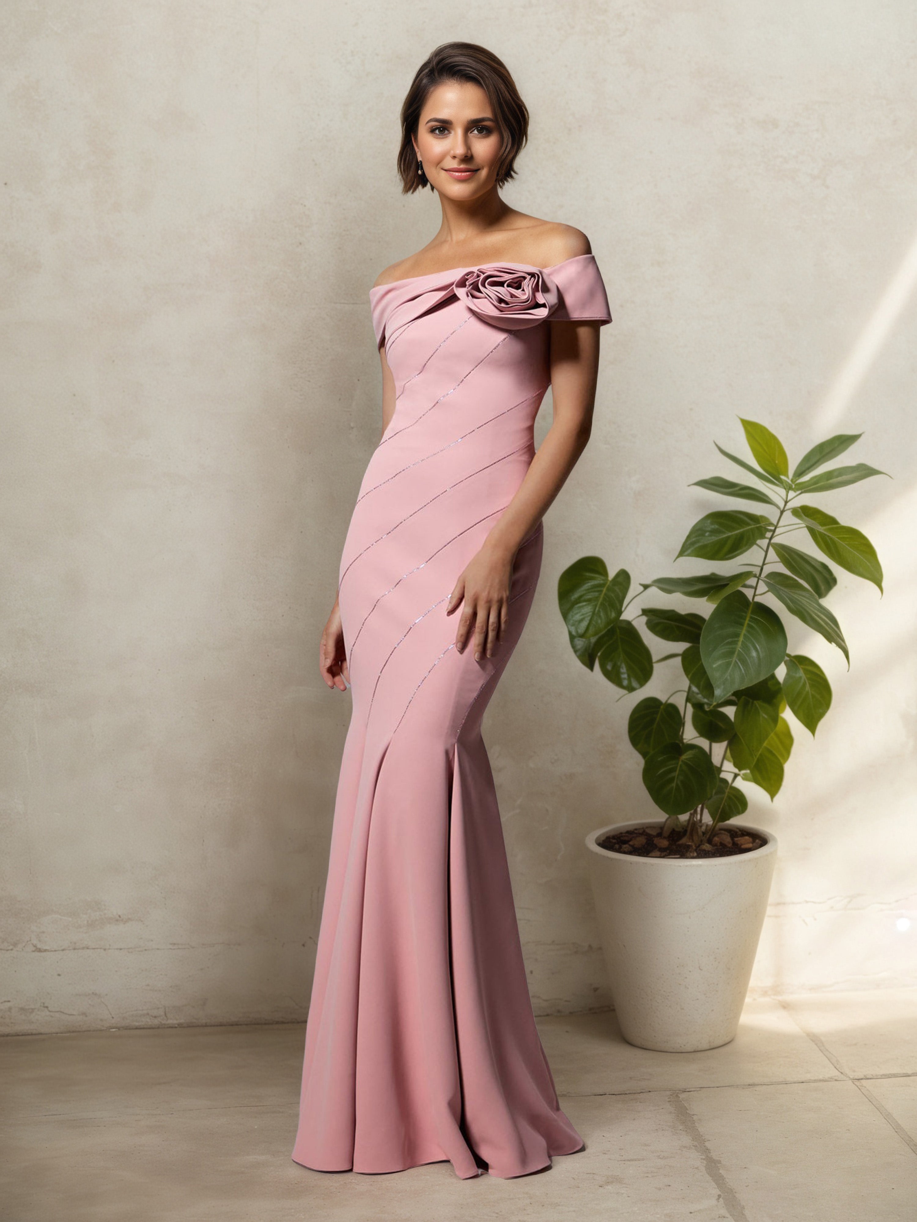 Robe Mère de la Mariée Élégante à Épaules Dénudées Corsage Illusion Fleuri avec Plissés Sophistiqués