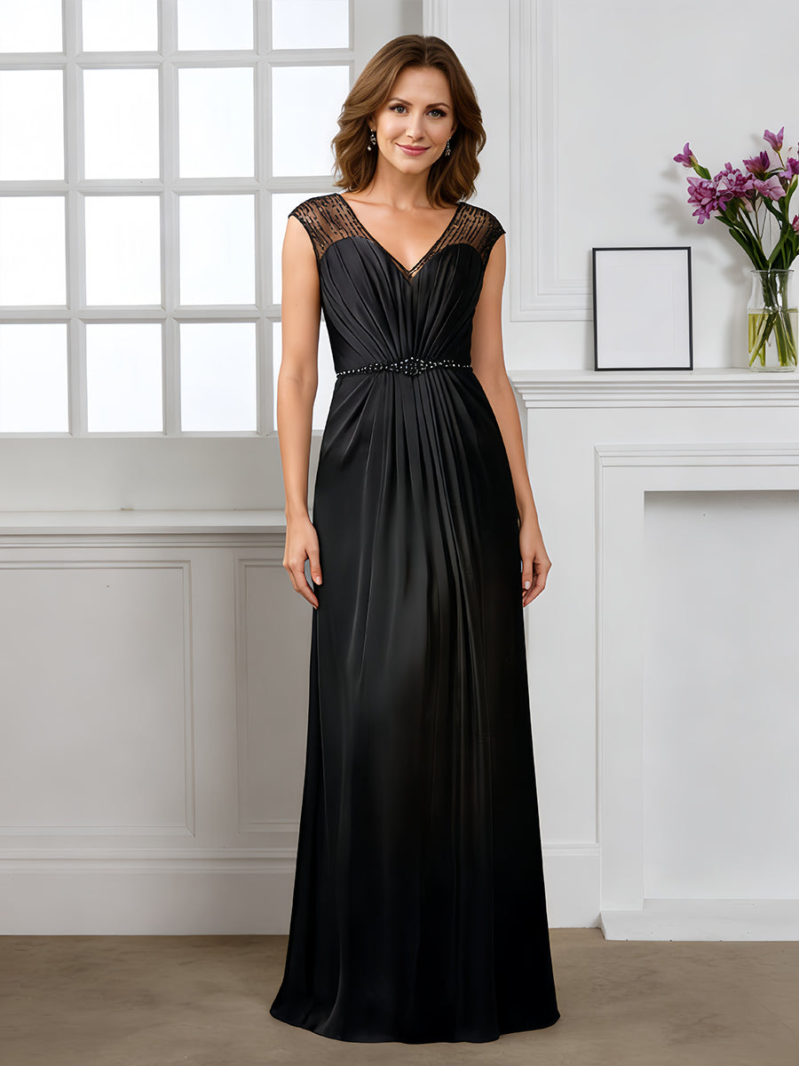 Cicinia Noir Robe pour Mère de la Mariée Longue Fourreau en Mousseline Perlé à Plis