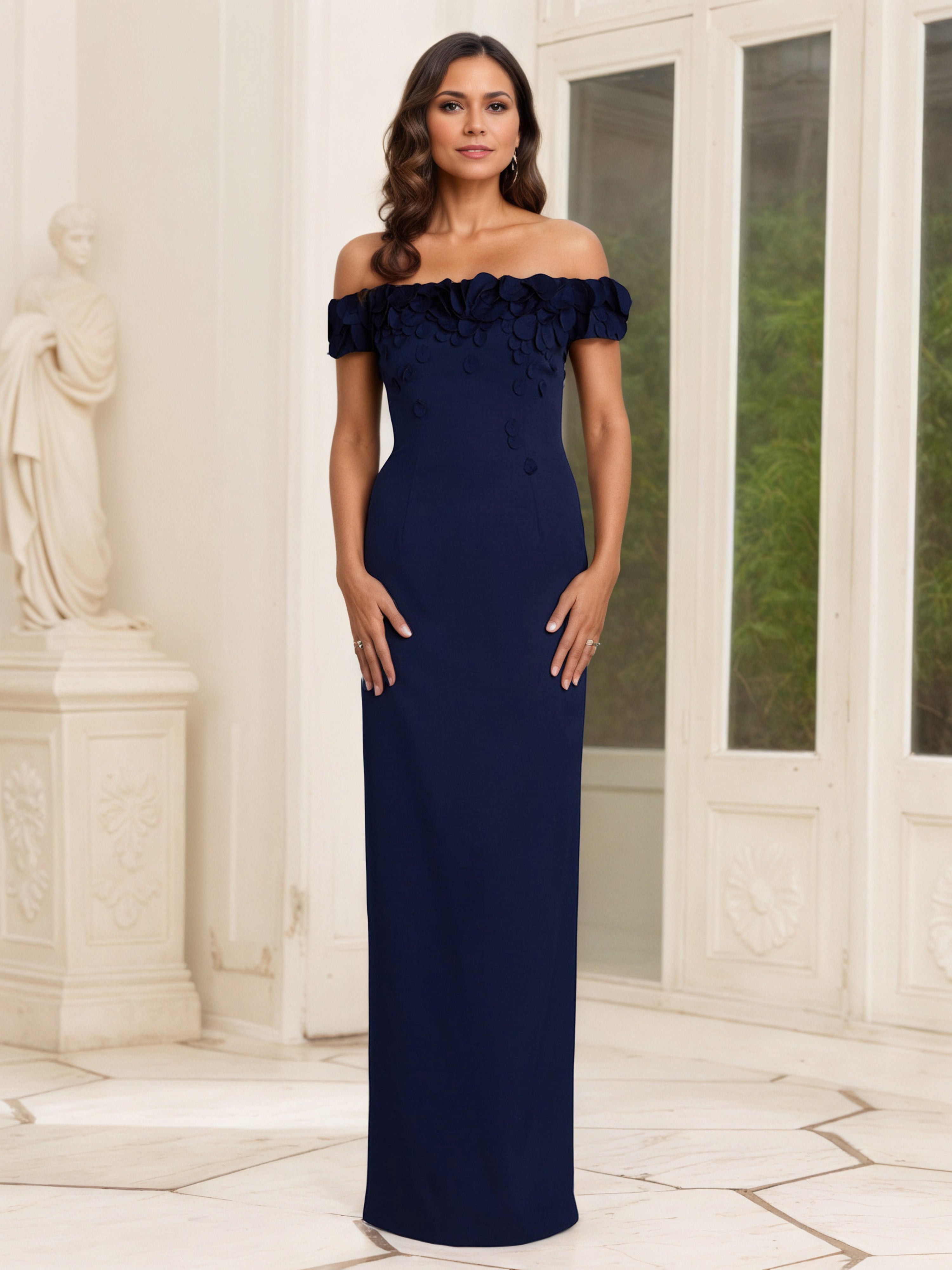 Robe Mère de la Mariée en BLEU_MARINE Fourreau/Colonne à Bretelles Dentelle Illusion