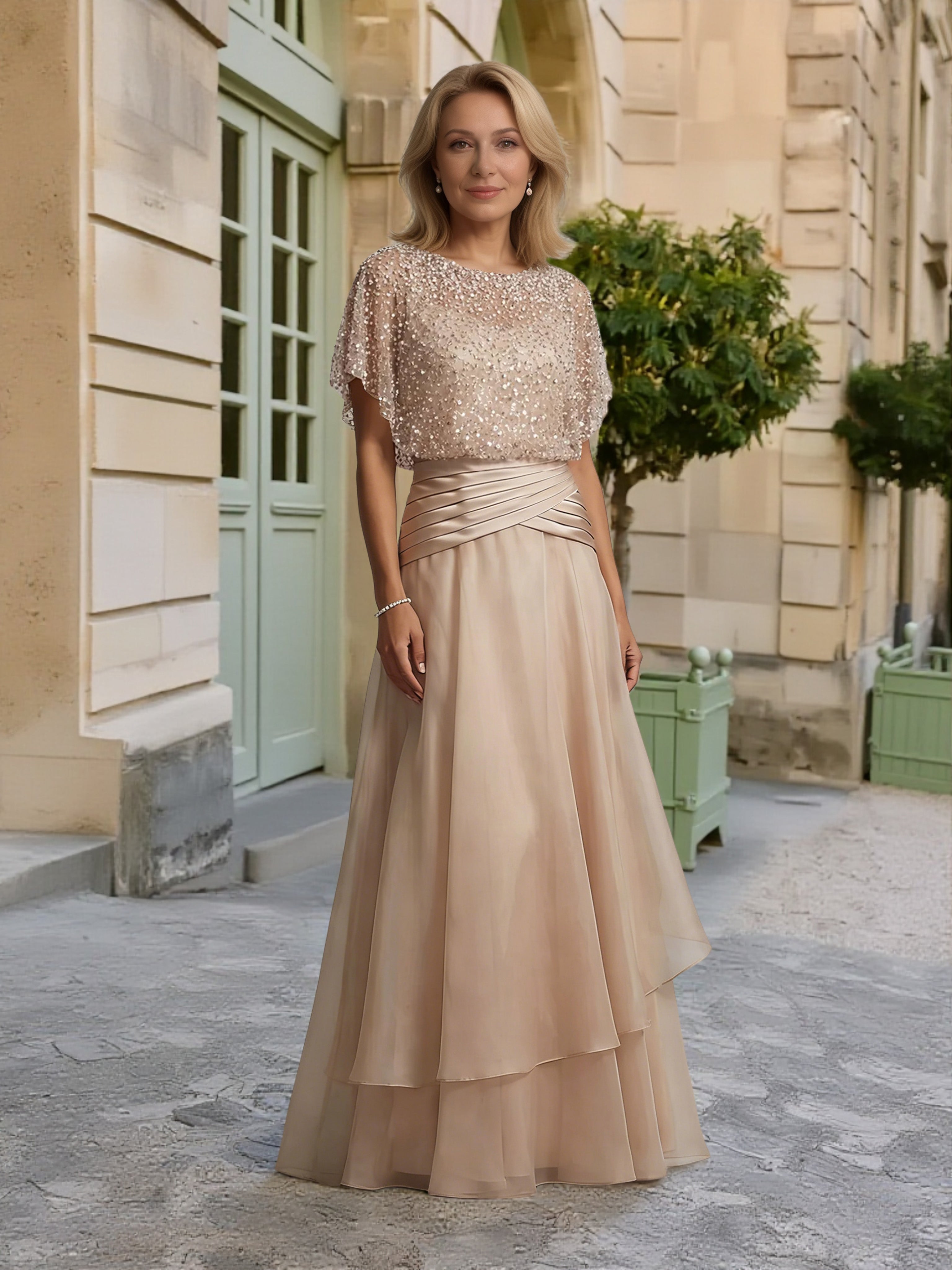 Cicinia Champagne Robe pour Mère de la Mariée Longue A-Line en Mousseline à Paillettes à Volants Manches Chauve-Souris