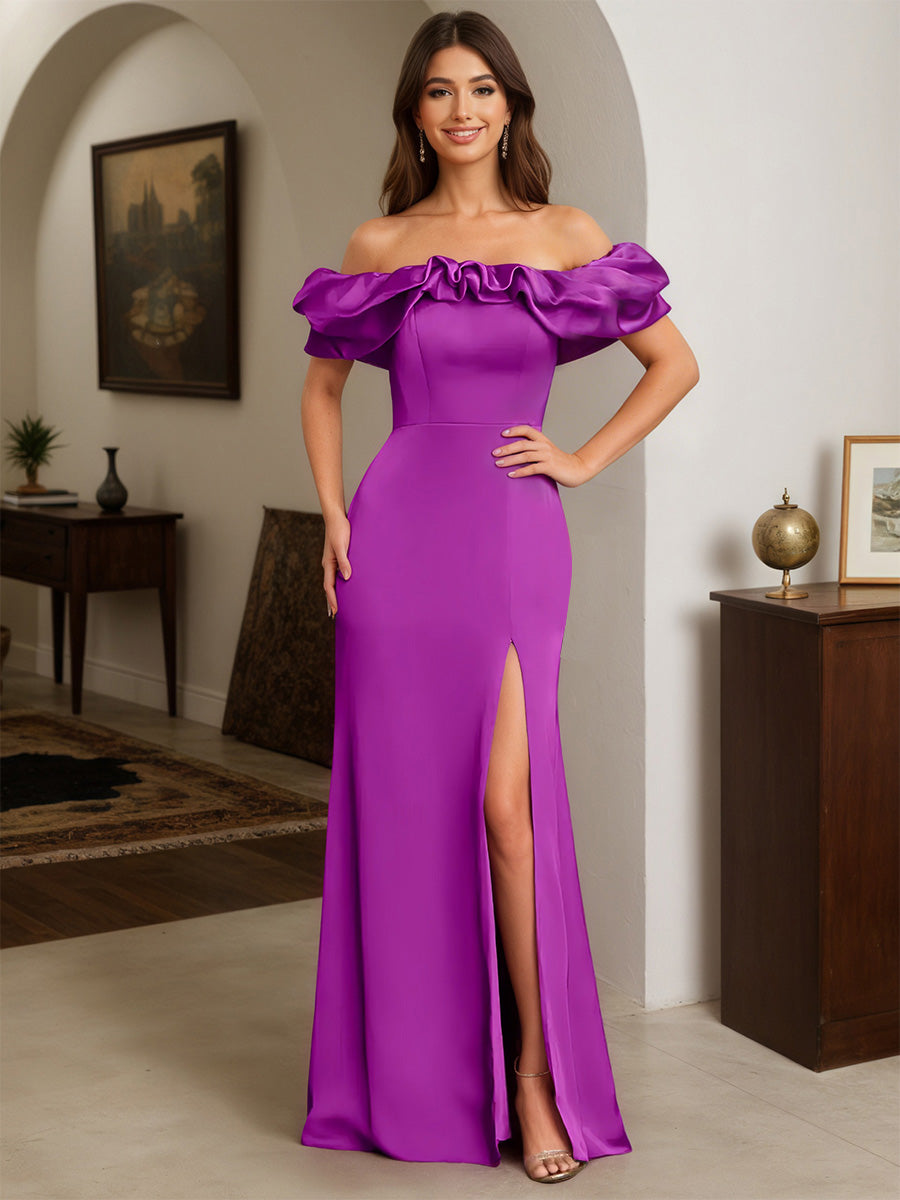 Cicinia ORCHIDEE Robe de Soirée Longue en Satin Extensible Fourreau Épaules Dénudées Longueur Sol