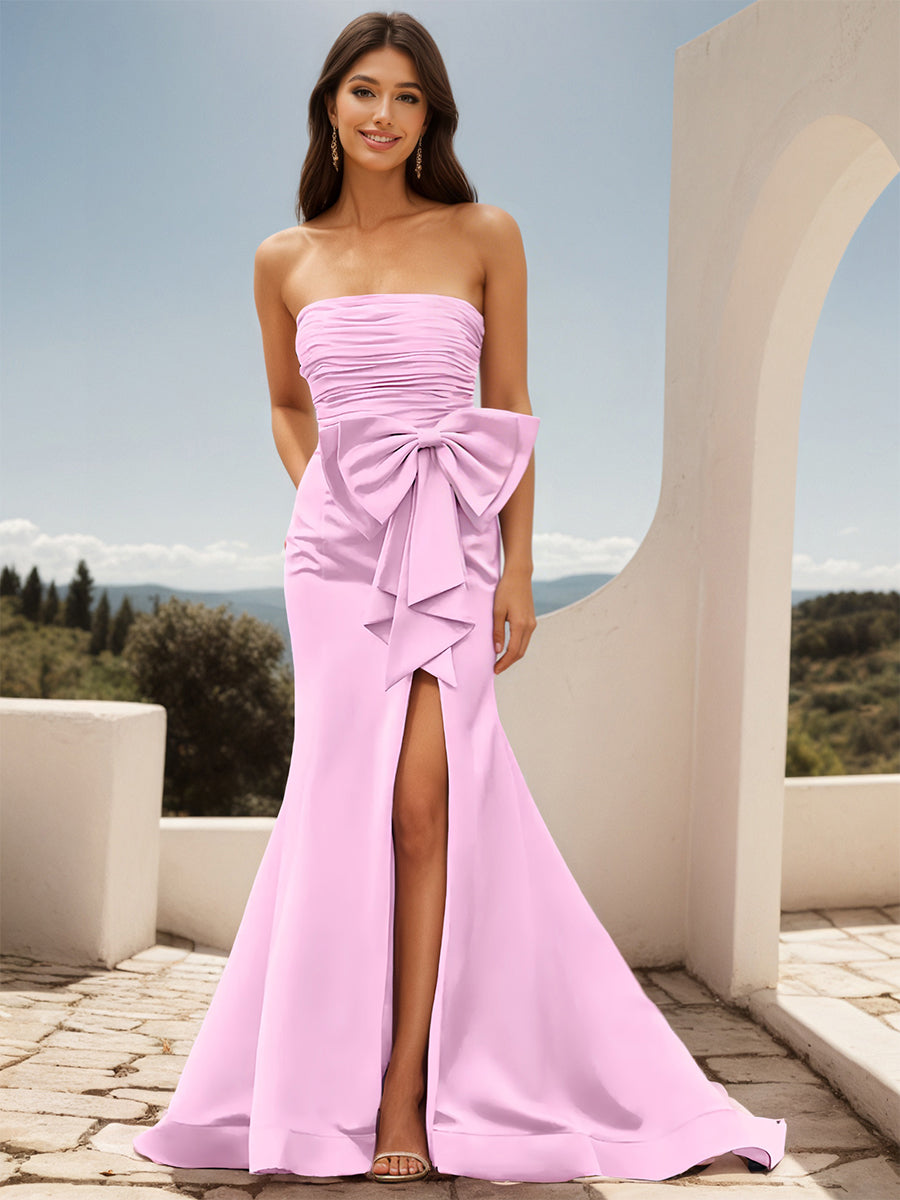 Cicinia Rose Bonbon Robe de Soirée Longue en Tissu Extensible Fourreau sans Bretelles Fente avec Grand Nœud Papillon