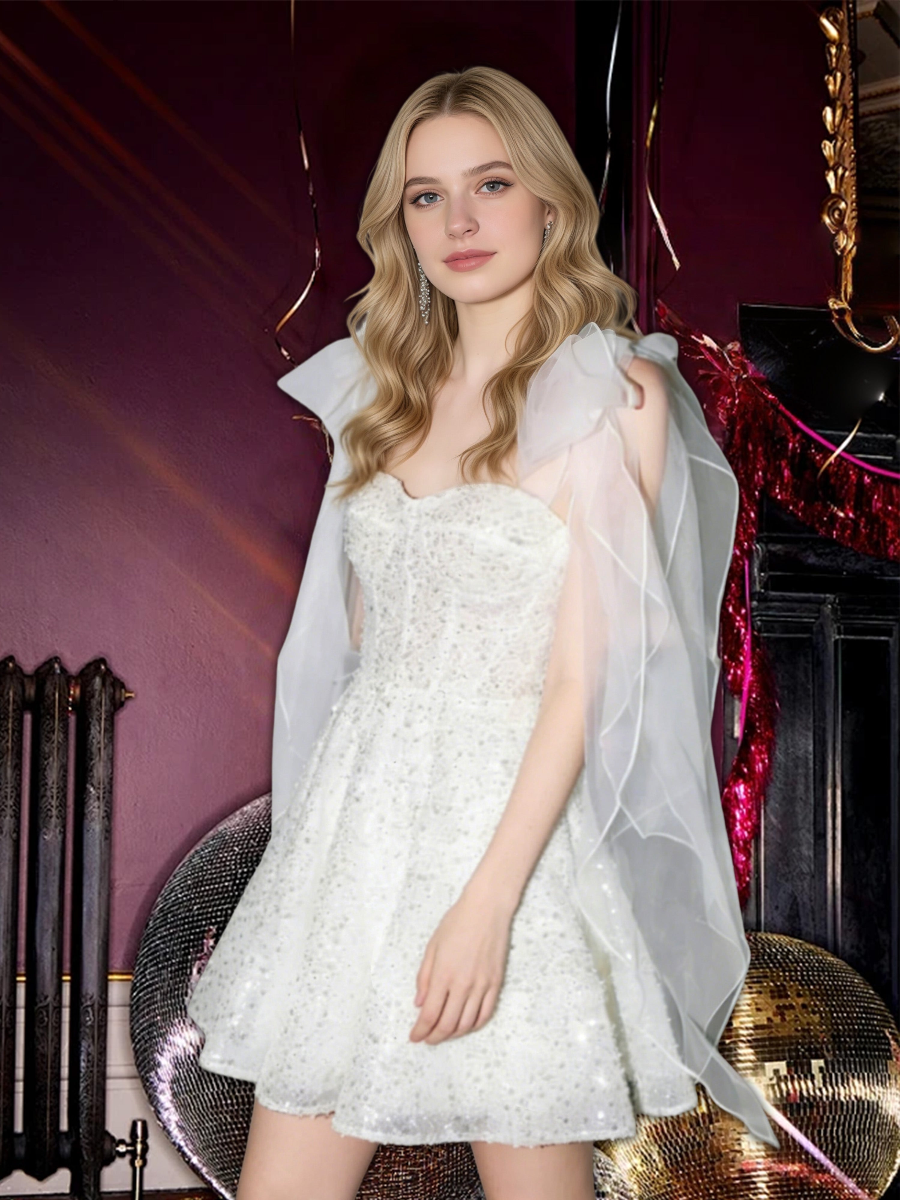 Cicinia Blanc Robes de Bal de Promo Courte A-Line en Tulle à Paillettes à Bretelles Spaghetti