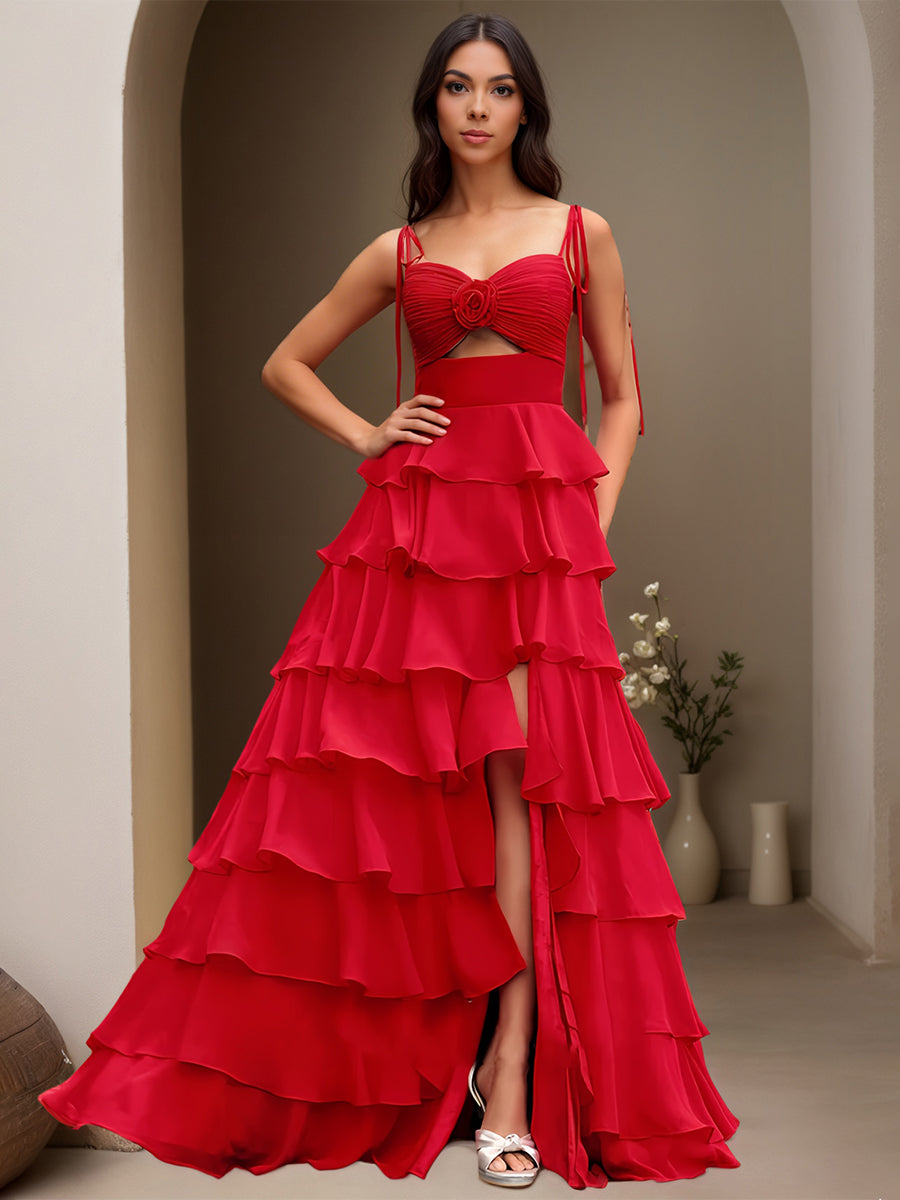 Cicinia Rouge Robe de Soirée Longue en Mousseline A-Line Bretelles Spaghetti à Volants