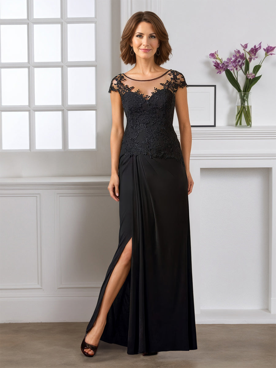 Cicinia Noir Robe pour Mère de la Mariée Longue Fourreau Appliqués Dentelle Manches Capelines Fente