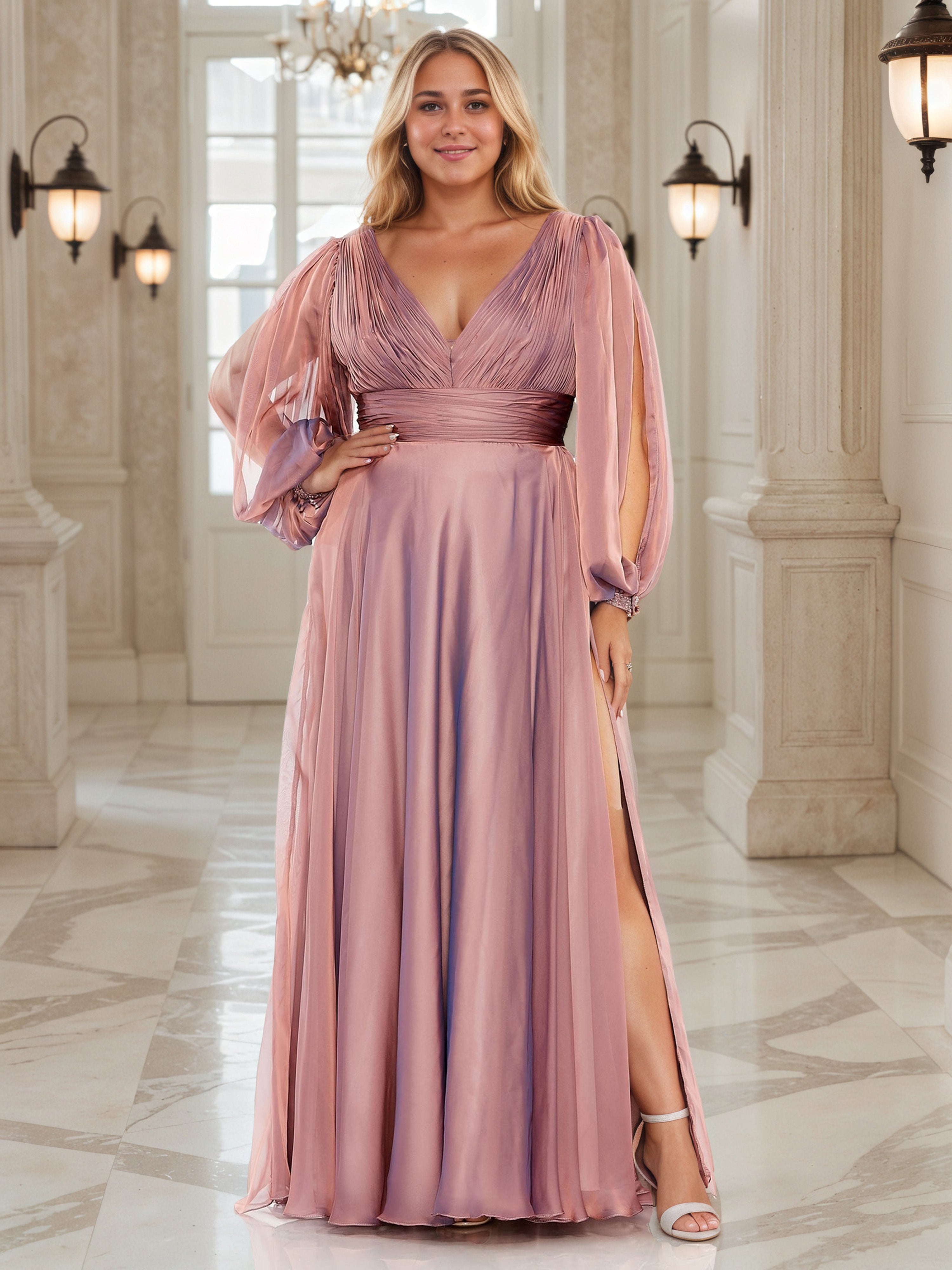 Robe de Bal Caméo_Marron à Encolure V et Manches Illusion Grande Taille Coupe A-Line Longueur Sol avec Fente