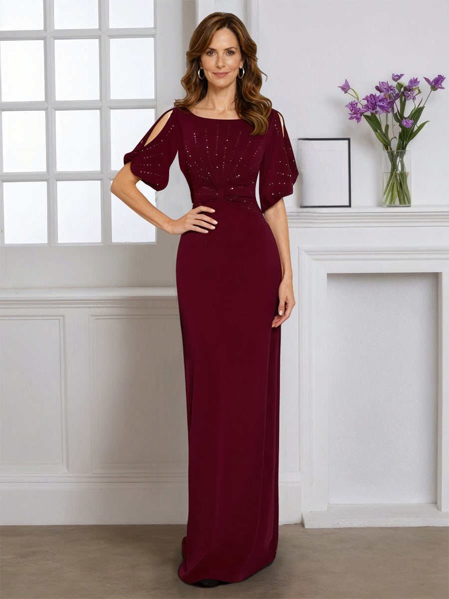Cicinia Robe pour Mère de la Mariée BORDEAUX Longue en Tissu Extensible Fourreau Perlé Longueur Sol