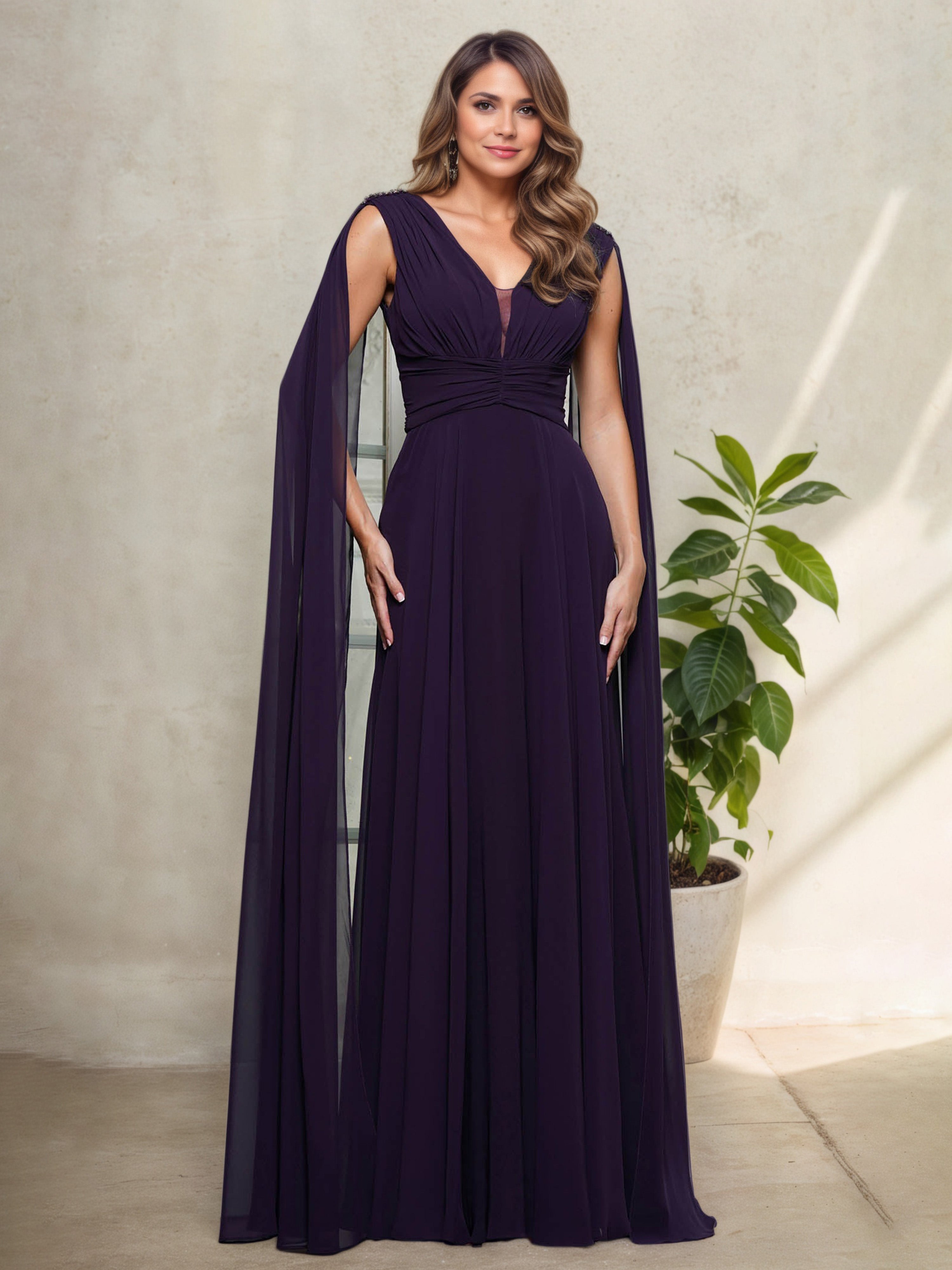 Robe Mère de la Mariée Aubergine Silhouette A-Line à Décolleté en V Sans Manches avec Plissés Sophistiqués