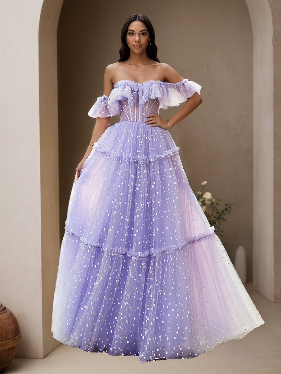 Cicinia Lilas Robe de Soirée Longue en Tulle à Pois A-Line Épaules Dénudées à Volants Longueur Sol