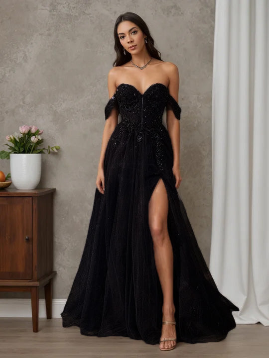 Cicinia Noir Robe de Soirée Longue A-Line en Tulle Épaules Dénudées Fente Charmante
