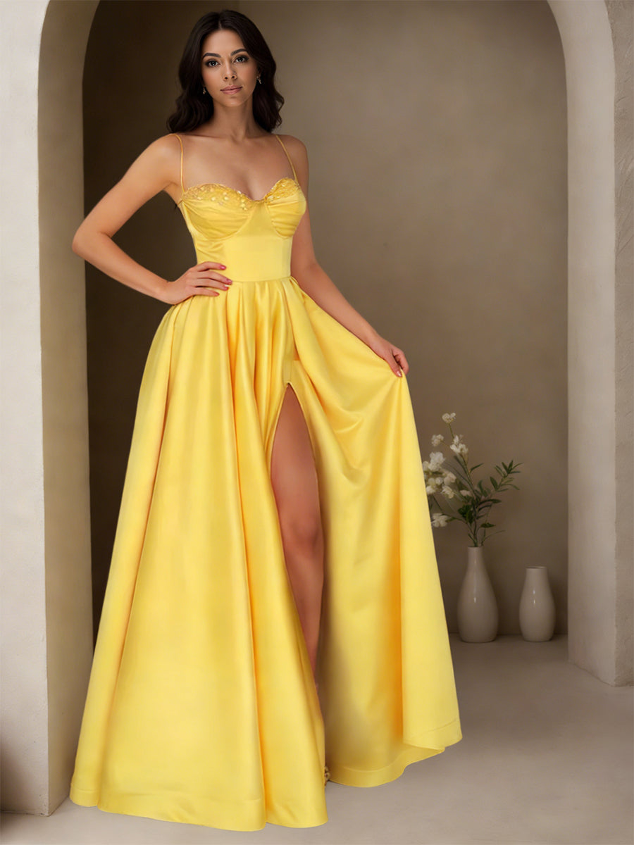Cicinia Jaune Robe de Soirée Longue en Satin A-Line Longueur Sol Perlé Bretelles Spaghetti