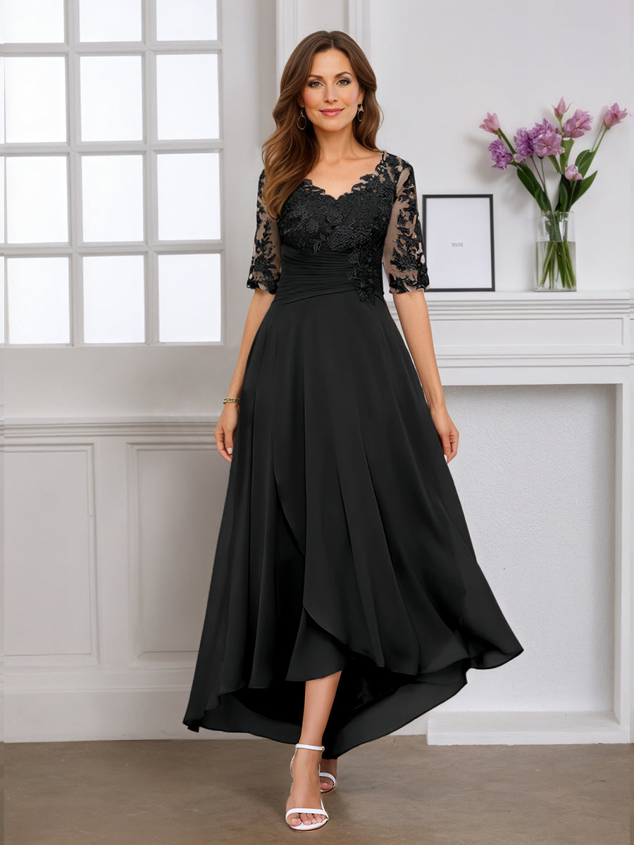 Cicinia Robe pour Mère de la Mariée NOIR Longue A-Line en Mousseline Dentelle Manches Demi-longues Décolleté en V Ourlet Asymétrique