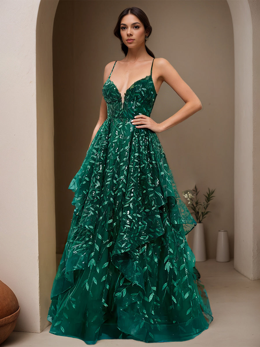 Cicinia Vert Foncé Robe de Soirée Longue en Dentelle A-Line Bretelles Spaghetti Longueur Sol