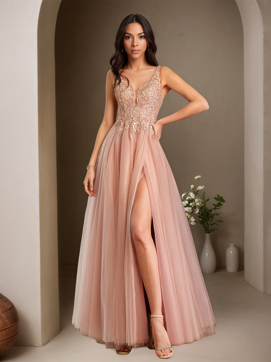 Cicinia Rose Poussiéreux Robe de Soirée Longue en Tulle Appliqués Dentelle A-Line Longueur Sol Dos Nud