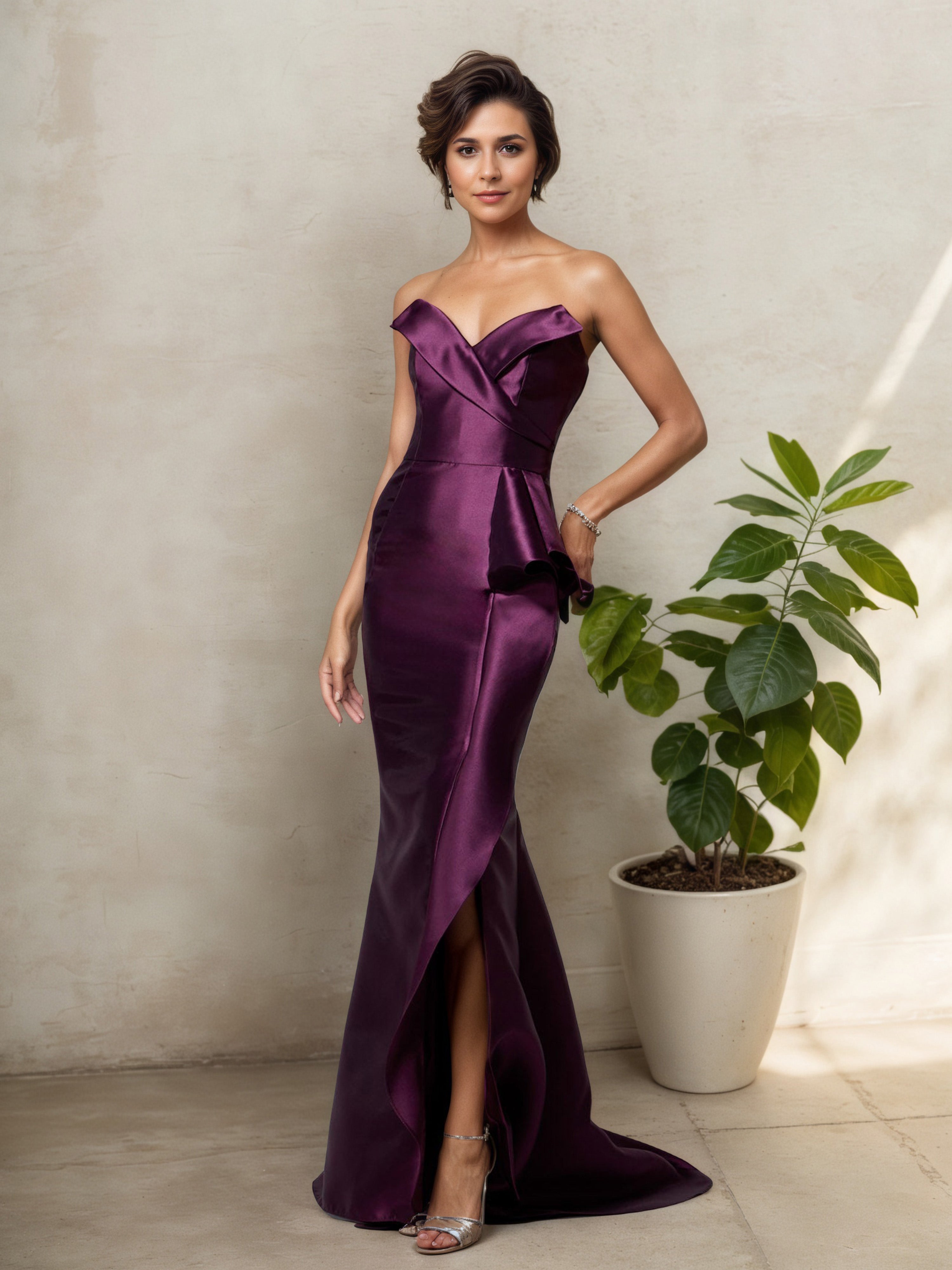 Robe Mère de la Mariée RAISIN Décolleté Cœur Sans Bretelles à Illusion Latérale avec Traîne Balayage et Fente