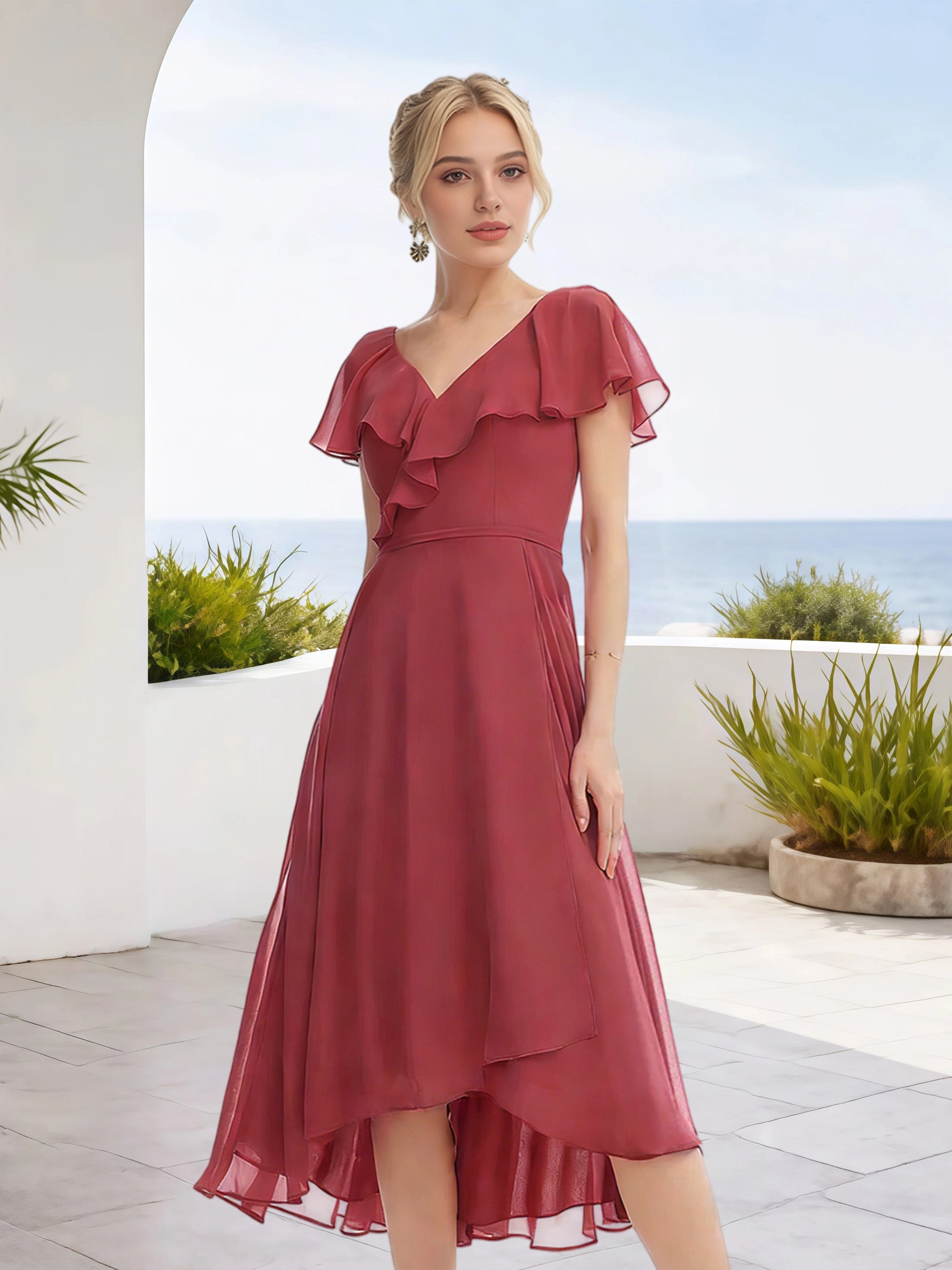 Cicinia Robe Demoiselle d'Honneur Rose Cannelle en Mousseline Décolleté en V Manches à Volants Ourlet Irrégulier