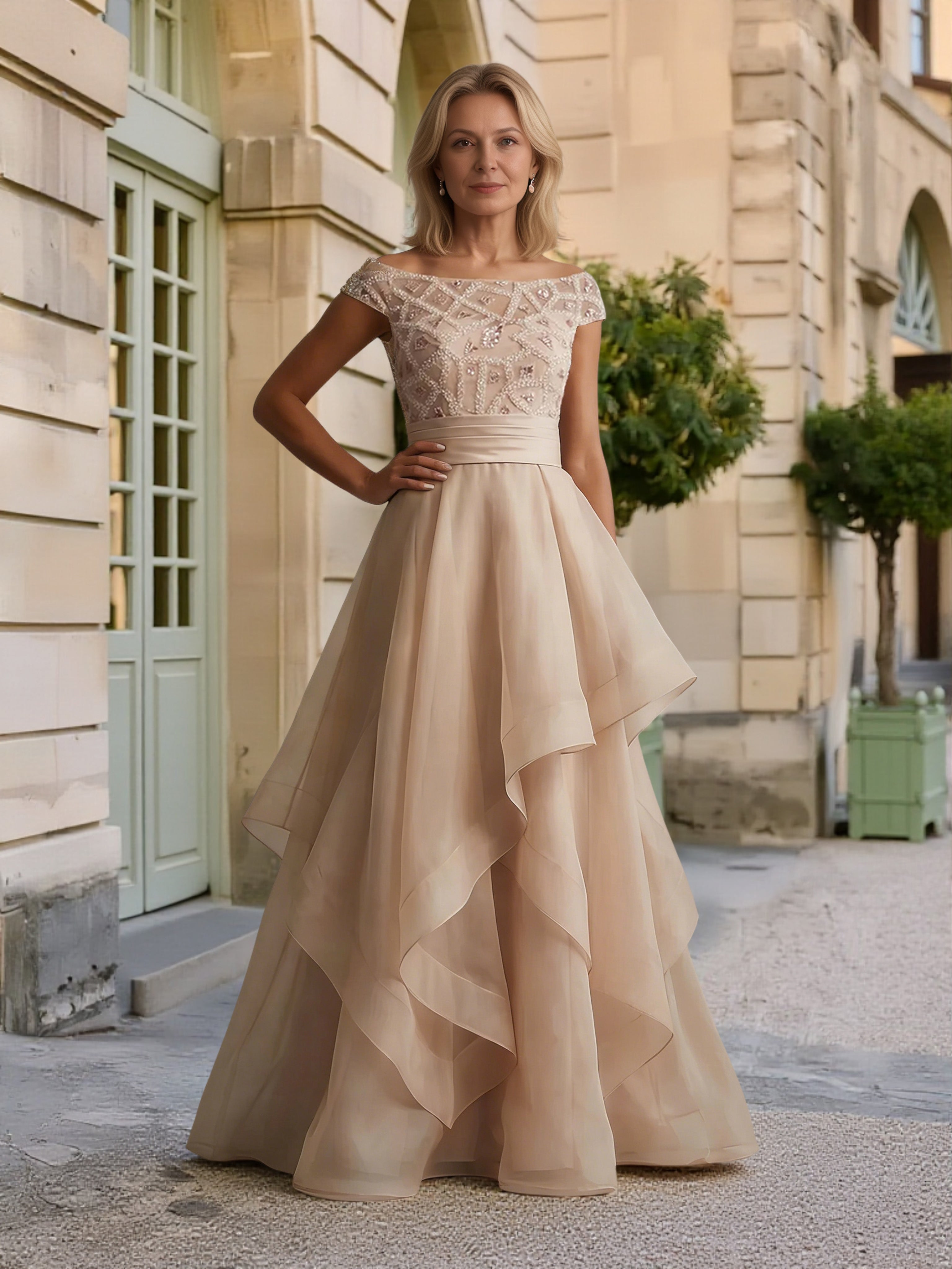 Cicinia Champagne Robe pour Mère de la Mariée Longue A-Line en Organza Épaules Dénudées à Volants Longueur Sol
