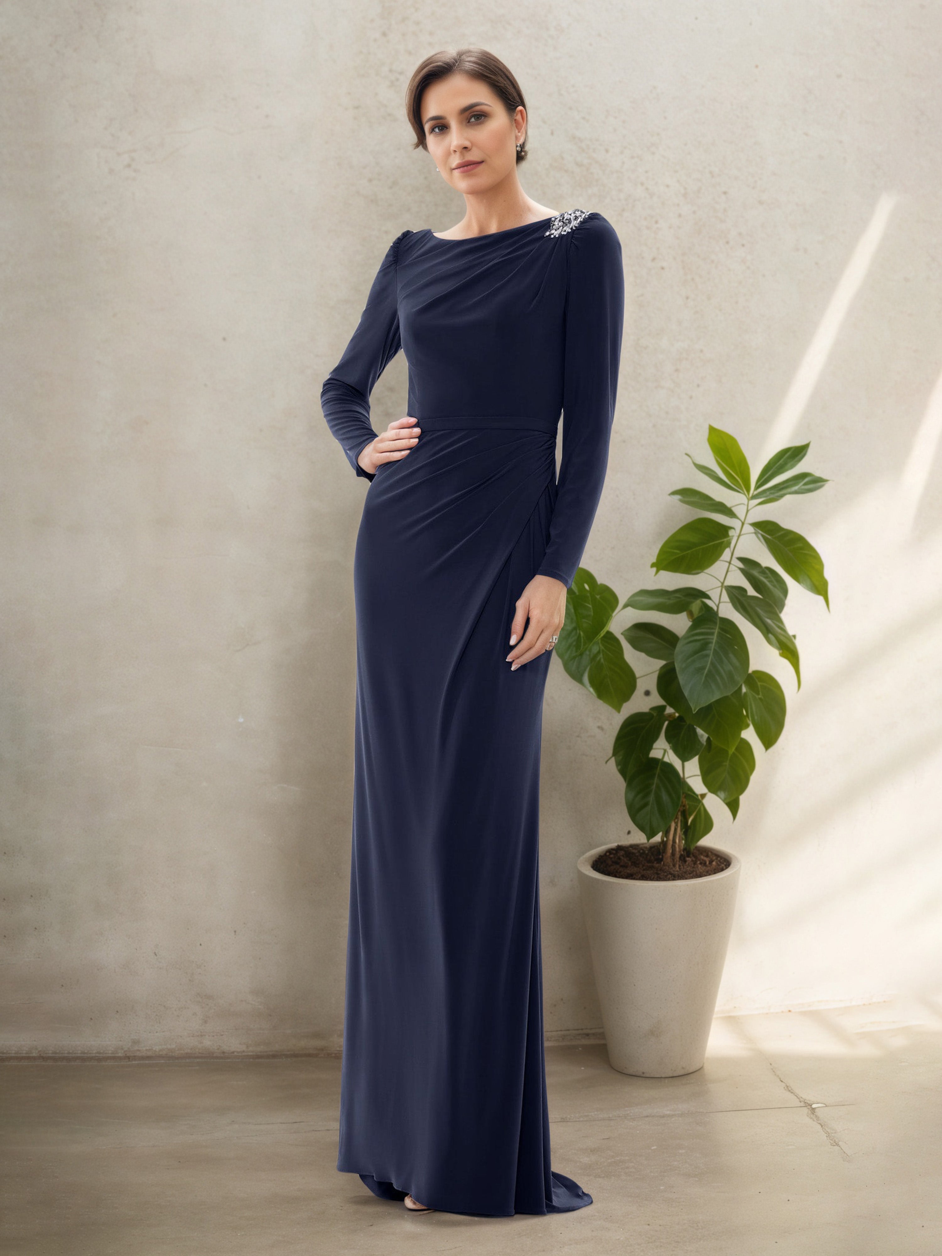 Robe Mère de la Mariée BLEU_MARINE à Col Ras du Cou Fourreau/Colonne à Manches Longues