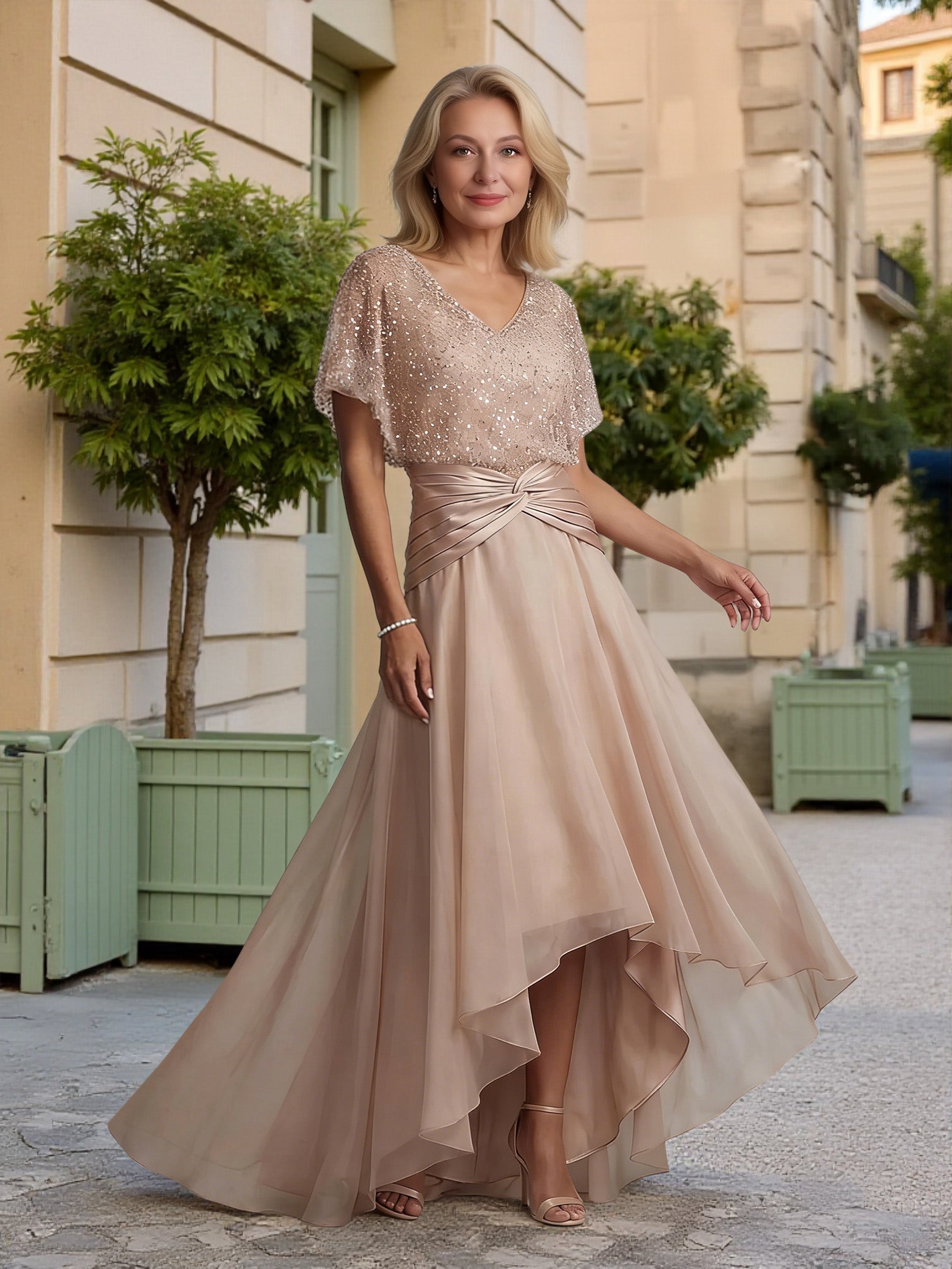 Cicinia Champagne Robe pour Mère de la Mariée Longue Trapèze en Mousseline à Paillettes Décolleté en V Manches Chauve-Souris